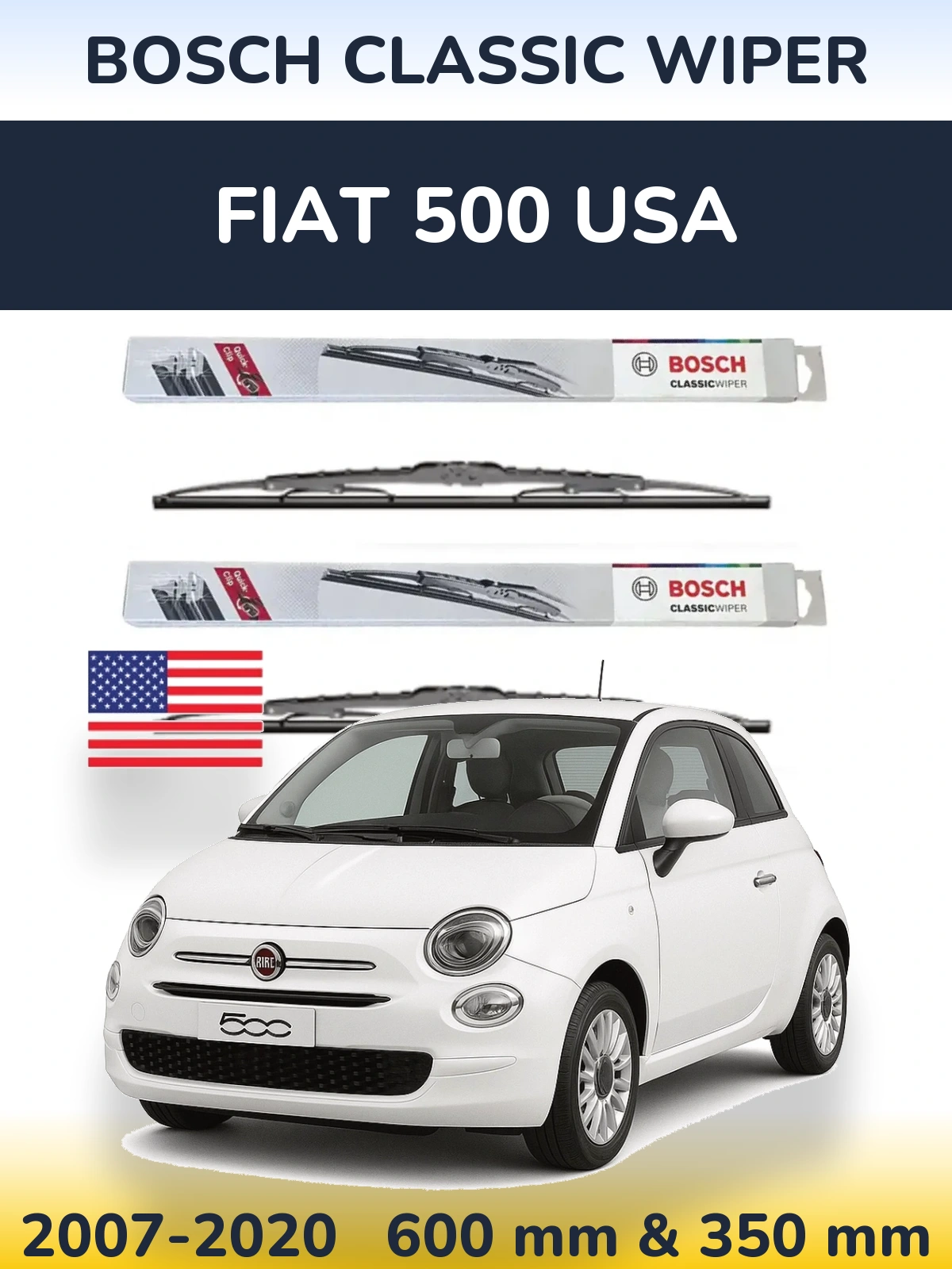 Комплект передних дворников BOSCH Classic Wiper 600 & 340 мм для Fiat 500 USA 2007-2020