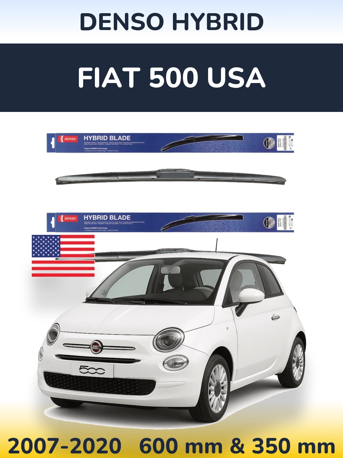 Komplet przednich wycieraczek Denso Hybrid 600 & 350 mm do Fiat 500 USA 2007-2020
