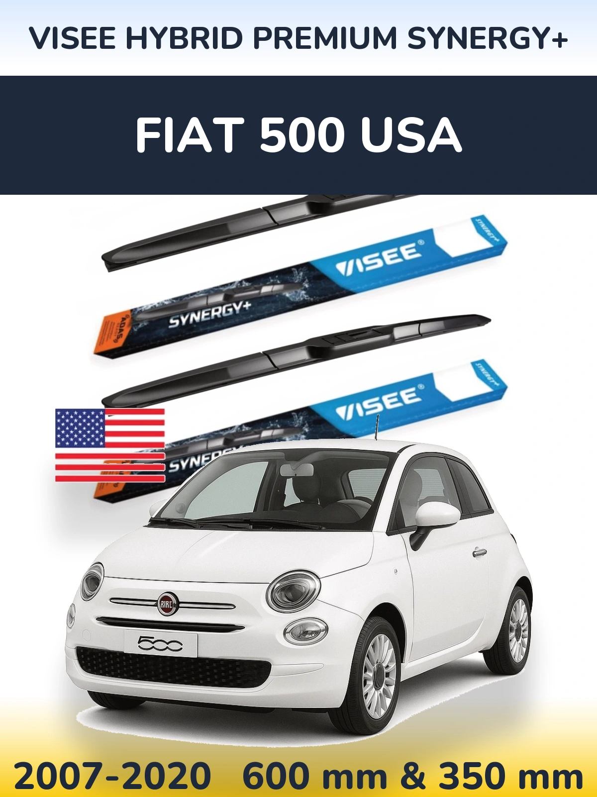 Komplet przednich wycieraczek VISEE HYBRID PREMIUM SYNERGY+ 600 & 350 mm do Fiat 500 USA 2007-2020