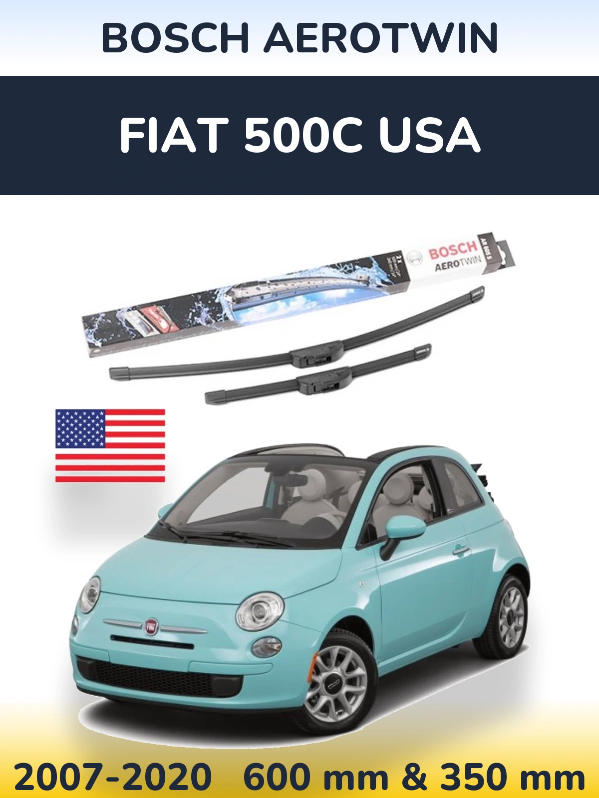 Комплект передних дворников BOSCH AeroTwin 600 & 350 мм для Fiat 500C USA 2007-2020