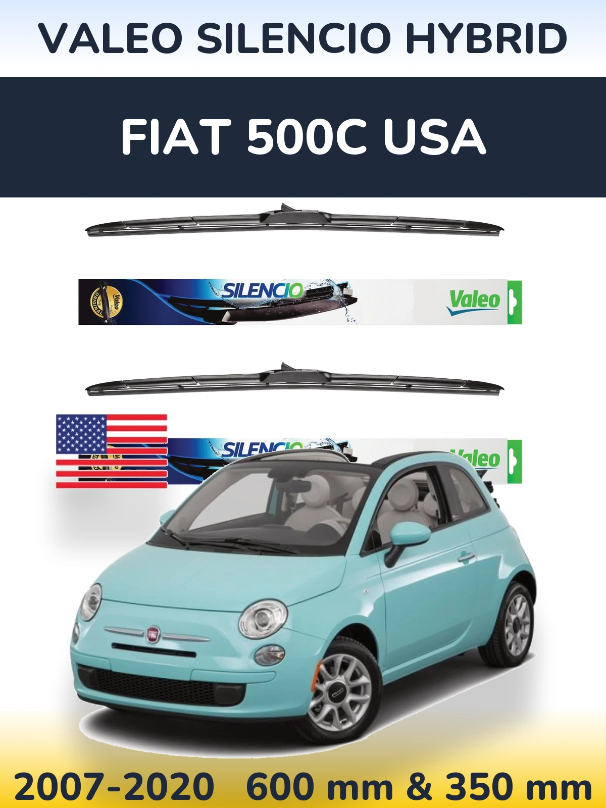 Front wiper blade set Valeo Silencio Hybrid 600 & 350 mm for Fiat 500C USA 2007-2020
