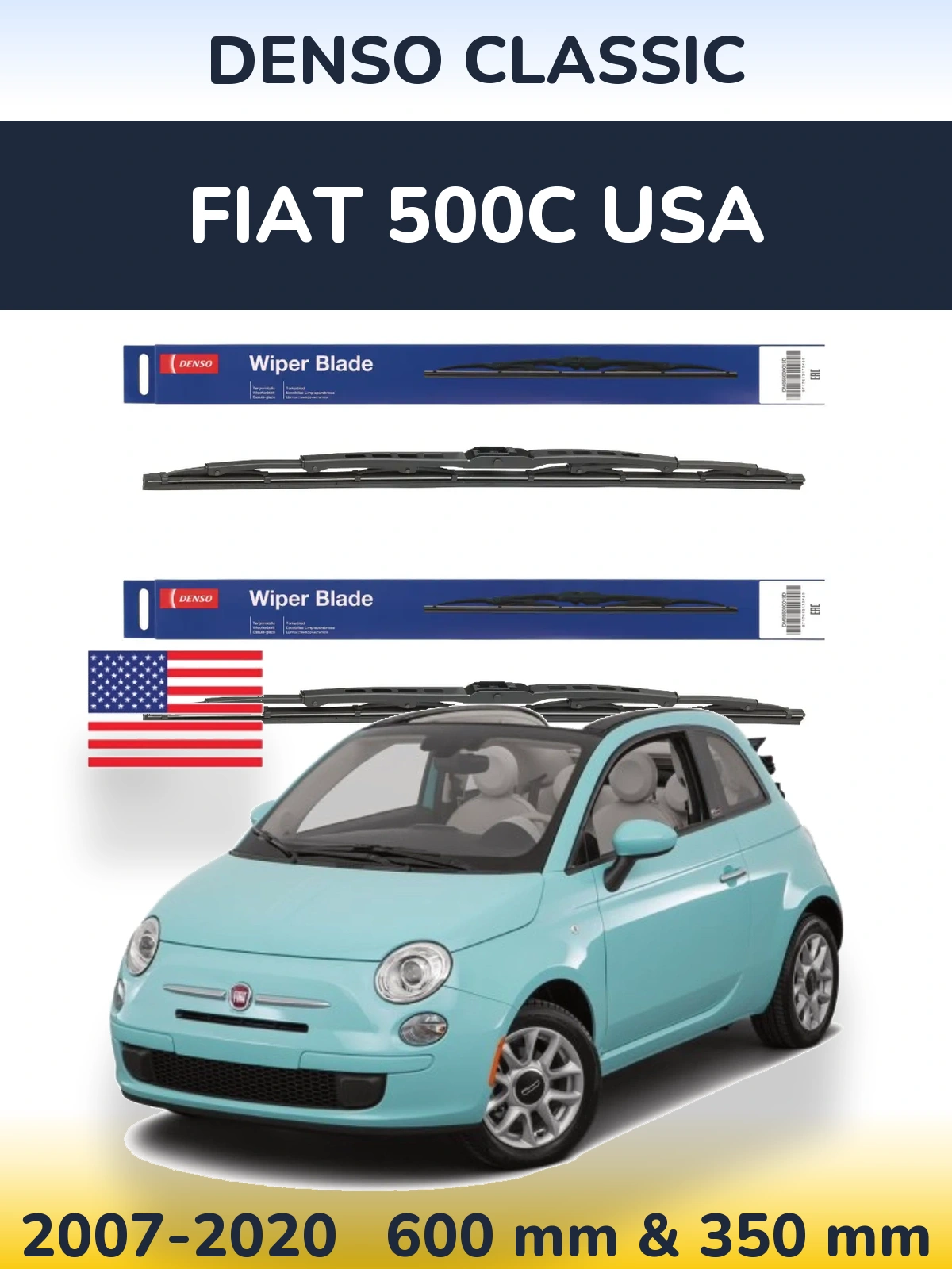Front wiper blade set Denso Classic 600 & 350 mm for Fiat 500C USA 2007-2020