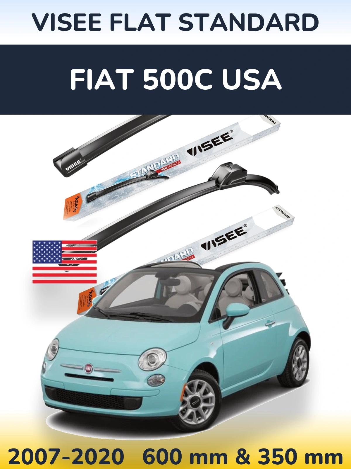 Комплект передних дворников VISEE FLAT STANDARD 600 & 350 мм для Fiat 500C USA 2007-2020