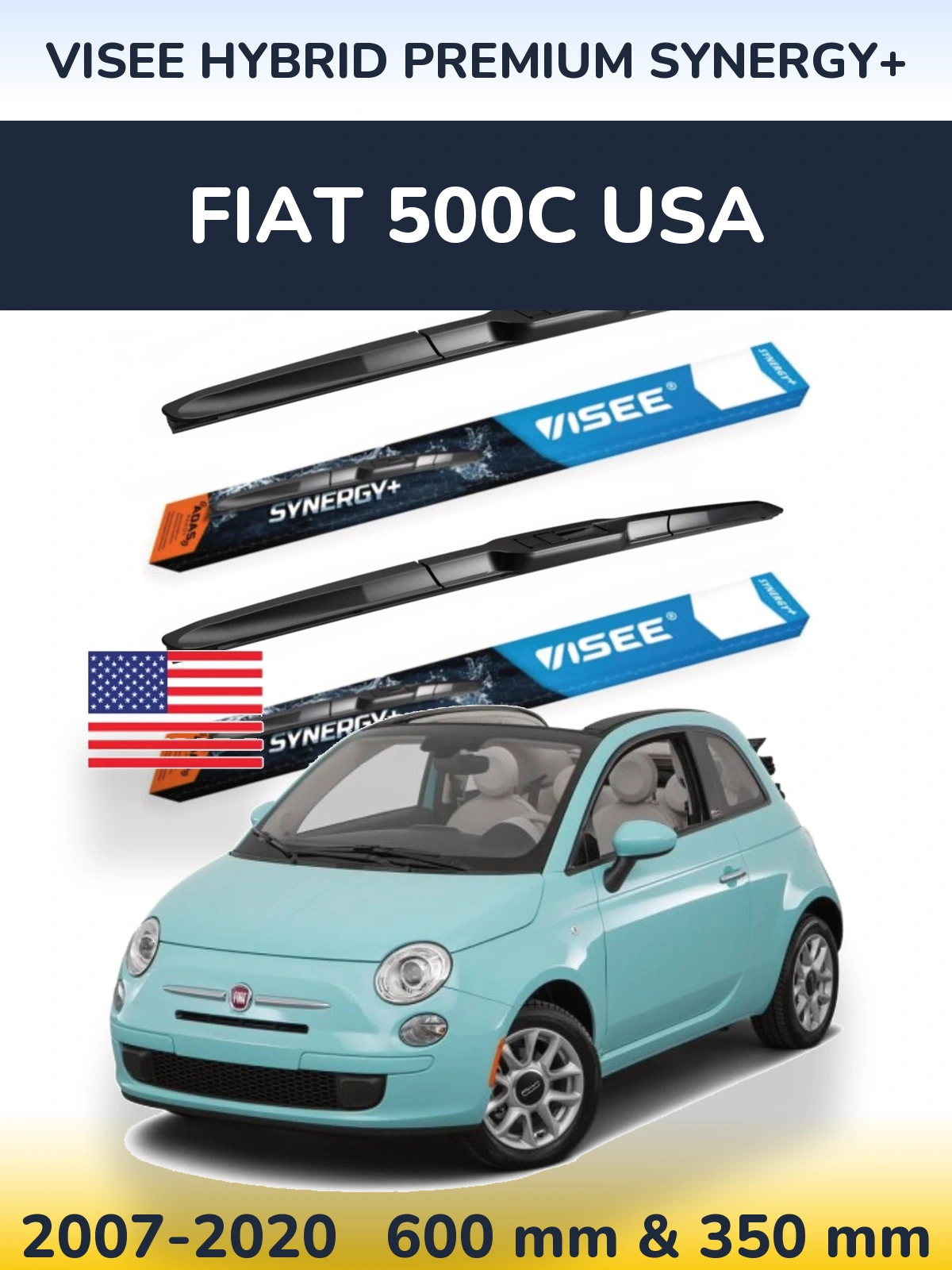 Комплект передних дворников VISEE HYBRID PREMIUM SYNERGY+ 600 & 350 мм для Fiat 500C USA 2007-2020
