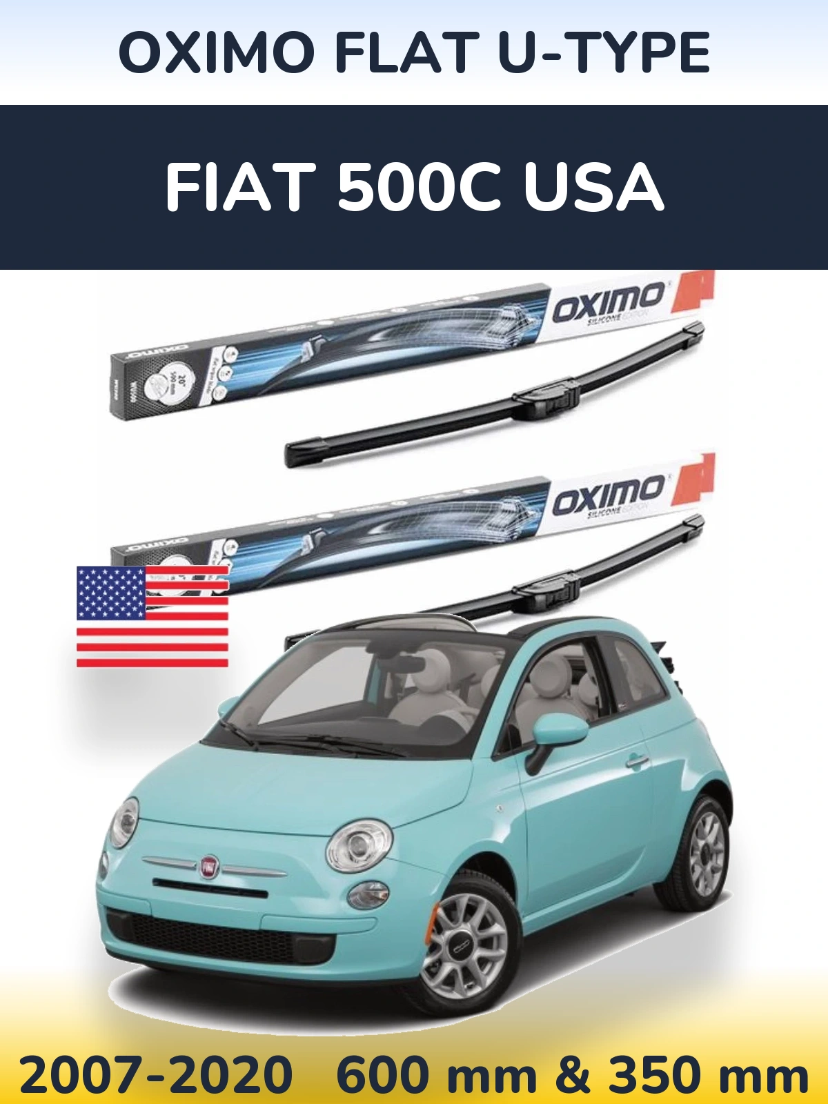 Комплект передних дворников Oximo Flat U-type 600 & 350 мм для Fiat 500C USA 2007-2020