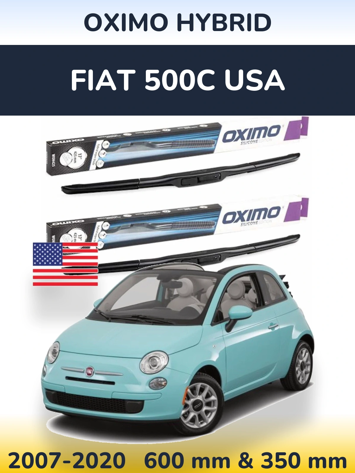 Front wiper blade set Oximo Hybrid 600 & 350 mm for Fiat 500C USA 2007-2020