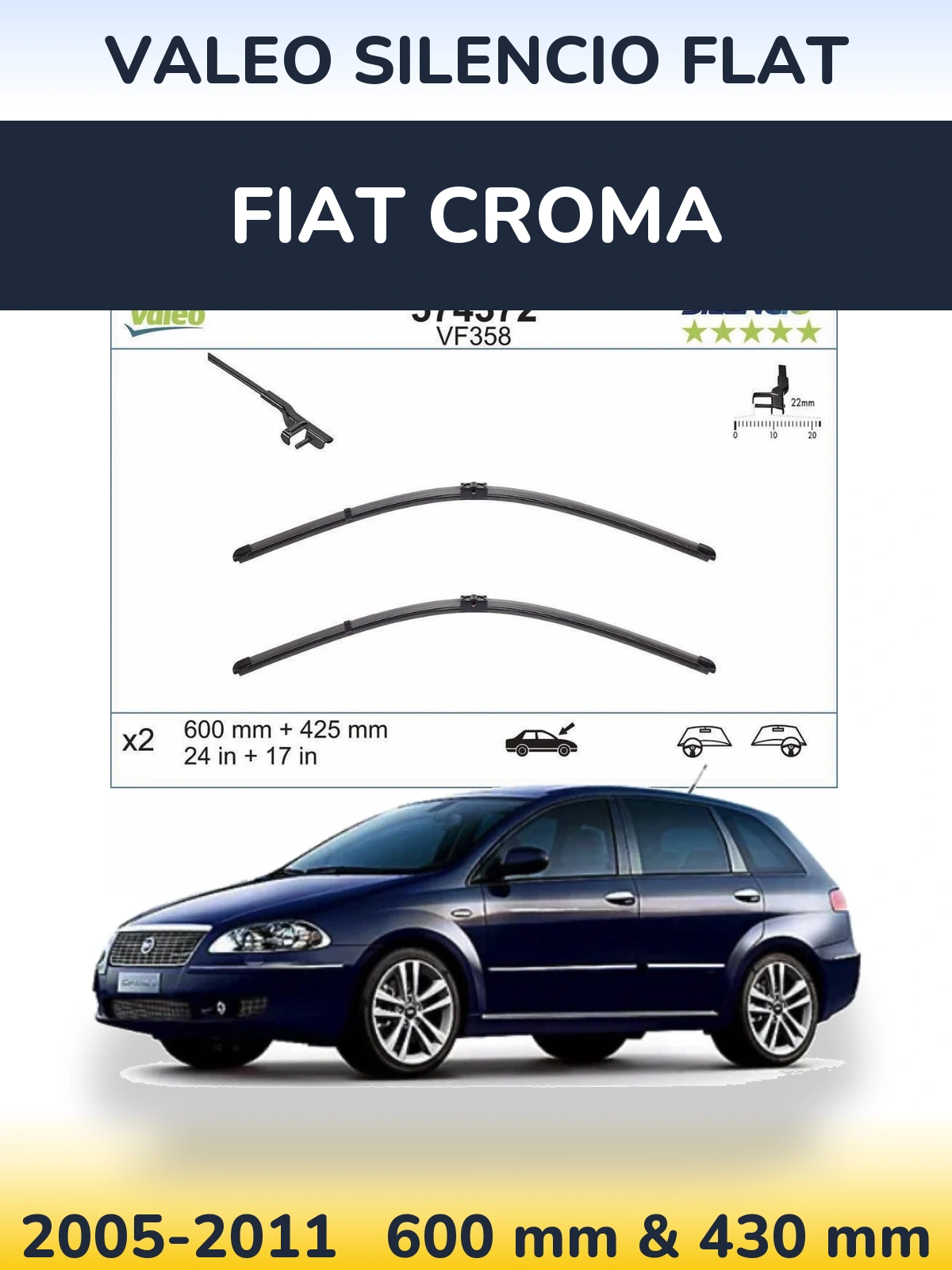 Komplet przednich wycieraczek Valeo Silencio Flat 600 & 430 mm do Fiat Croma 2005-2011