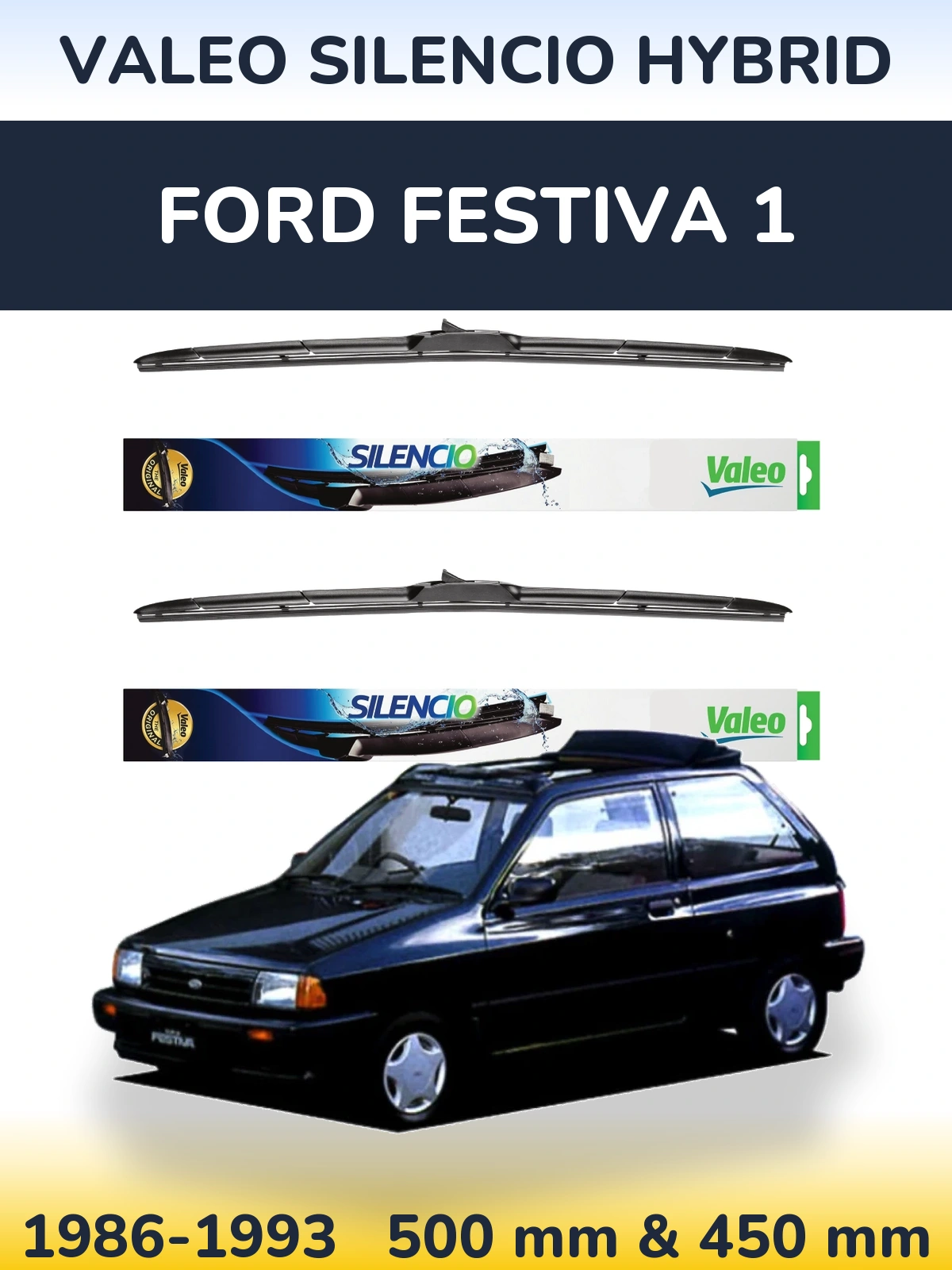 Komplet przednich wycieraczek Valeo Silencio Hybrid 500 & 450 mm do Ford Festiva 1 1986-1993