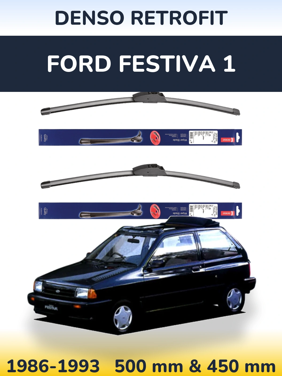 Front wiper blade set Denso Retrofit 500 & 450 mm for Ford Festiva 1 1986-1993