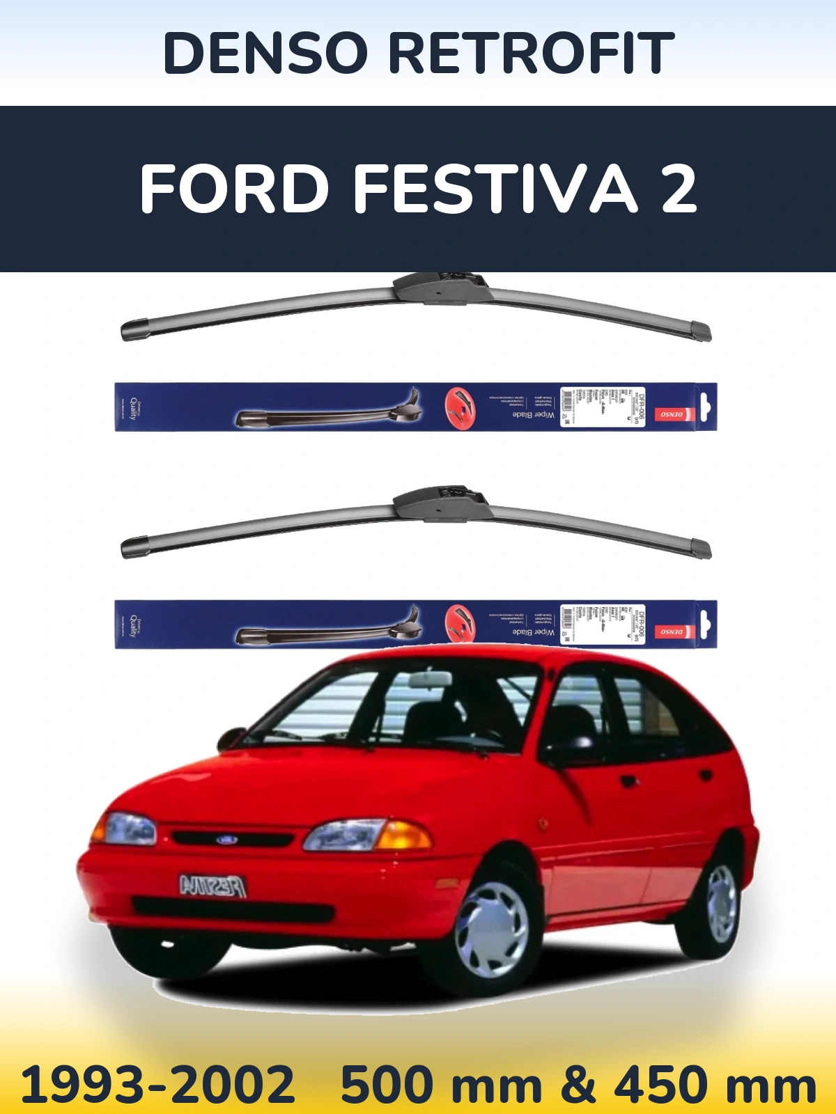 Front wiper blade set Denso Retrofit 500 & 450 mm for Ford Festiva 2 1993-2002