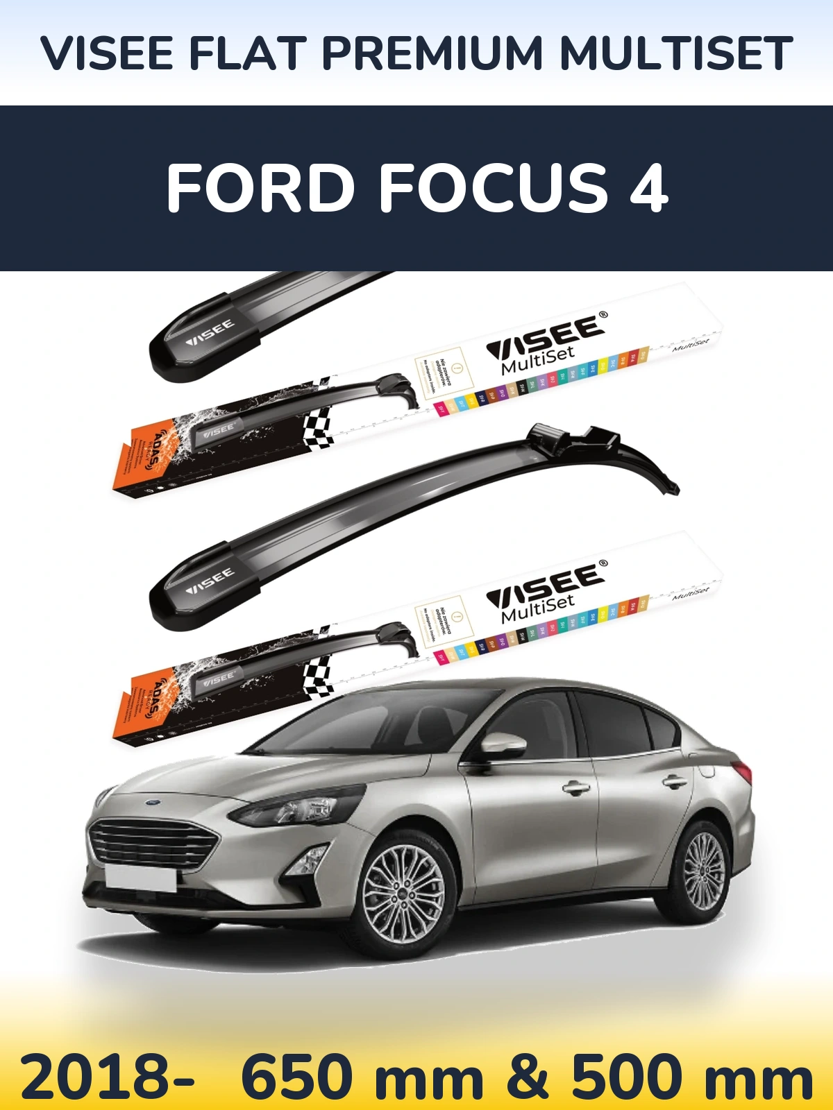 Комплект передних дворников VISEE FLAT PREMIUM MultiSet 650 & 500 мм для Ford Focus 4 2018-2026