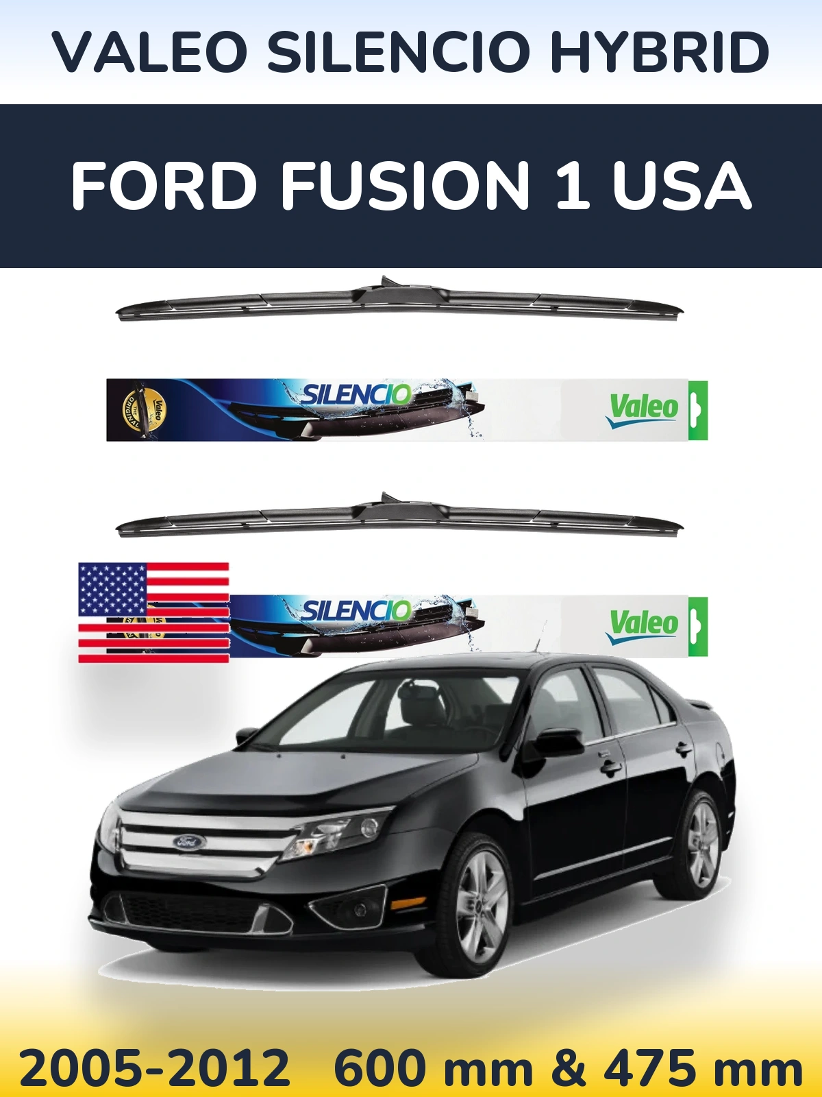 Front wiper blade set Valeo Silencio Hybrid 600 & 475 mm for Ford Fusion 1 USA 2005-2012