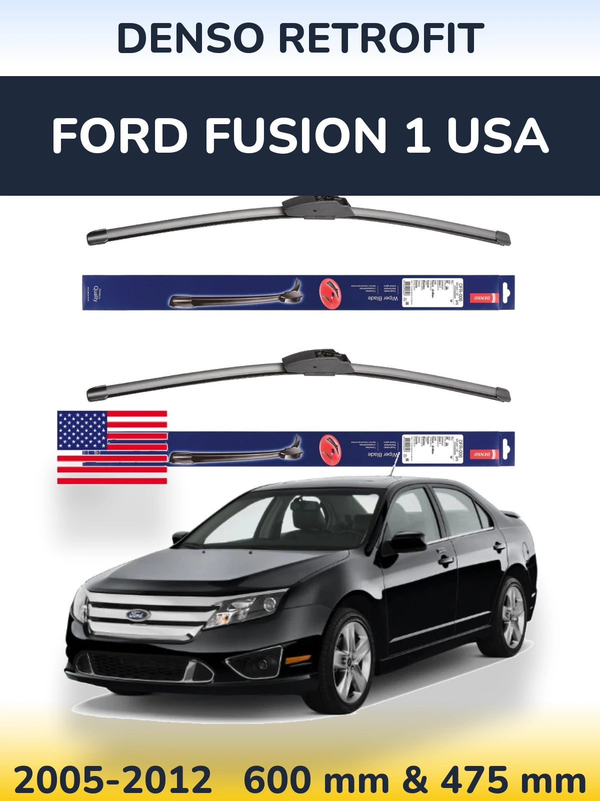 Front wiper blade set Denso Retrofit 600 & 475 mm for Ford Fusion 1 USA 2005-2012