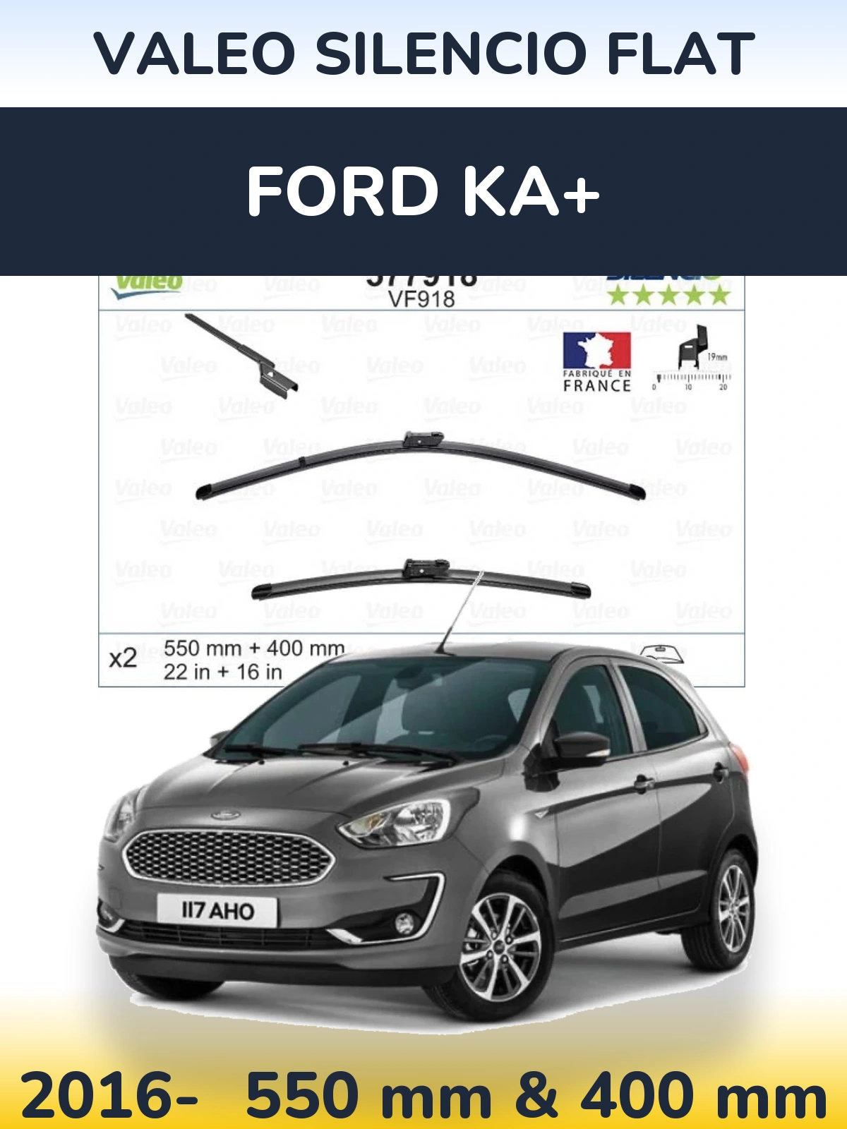 Komplet przednich wycieraczek Valeo Silencio Flat 550 & 400 mm do Ford Ka+ 2016-2026