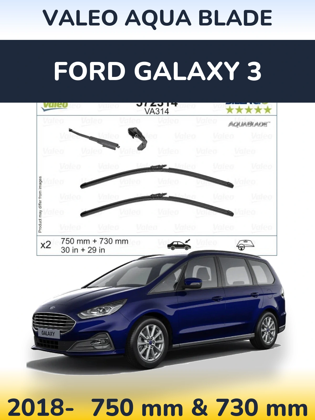 Komplet przednich wycieraczek Valeo Aqua Blade 750 & 730 mm do Ford Galaxy 3 2018-2026