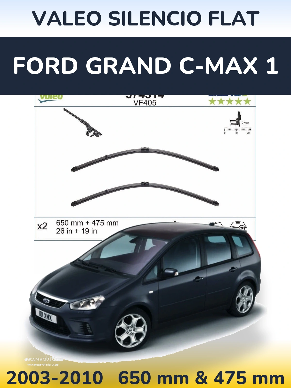 Komplet przednich wycieraczek Valeo Silencio Flat 650 & 475 mm do Ford Grand C-MAX 1 2003-2010
