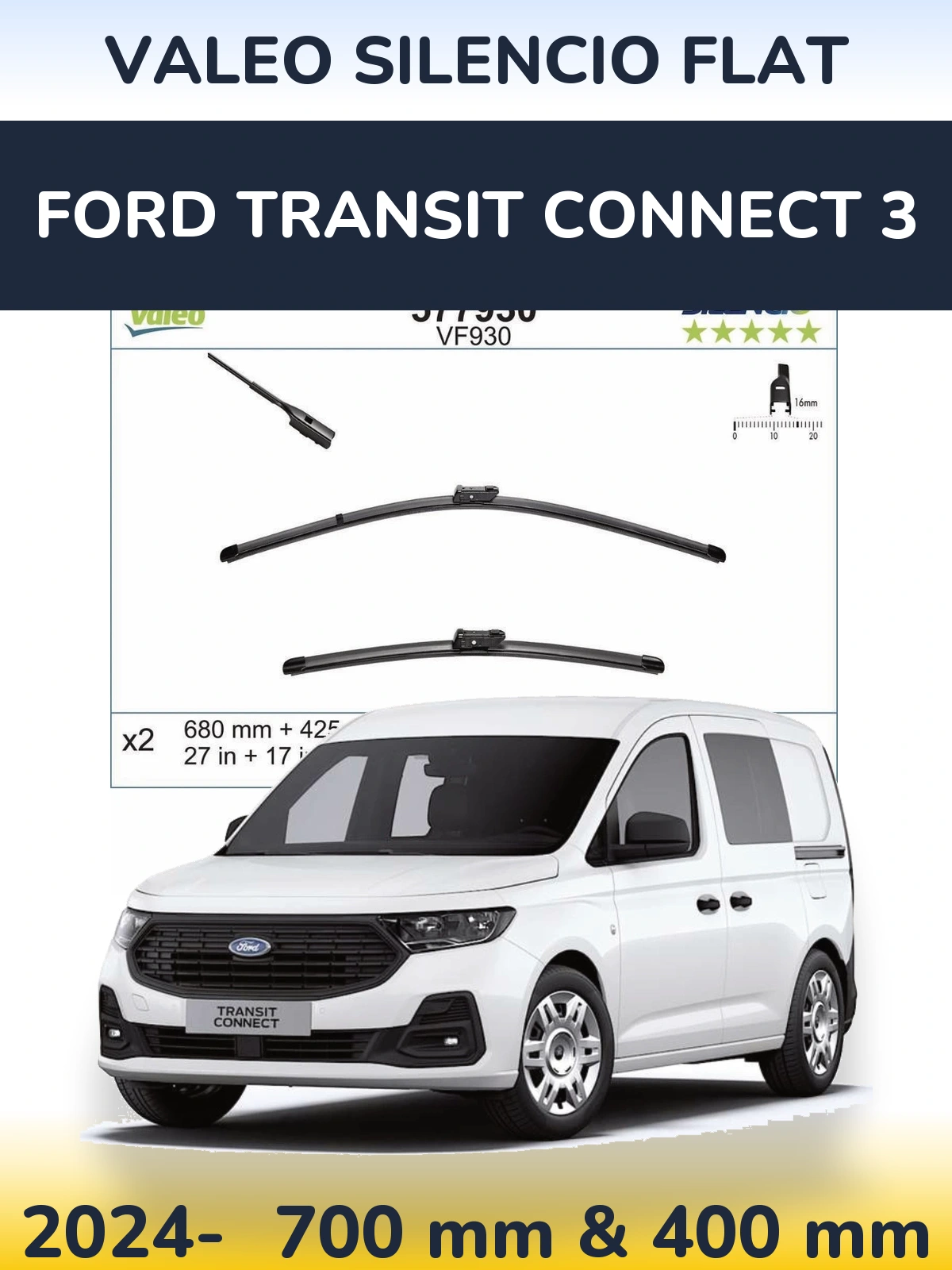 Front wiper blade set Valeo Silencio Flat 680 & 400 mm for Ford Transit Connect 3 2024-2026