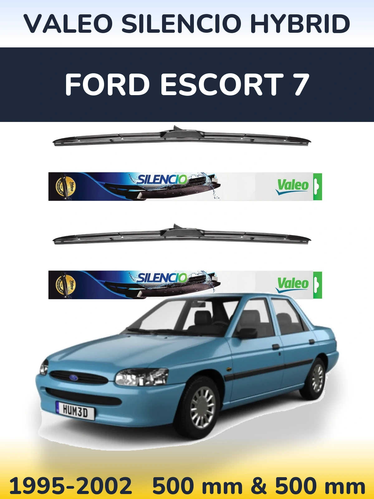 Komplet przednich wycieraczek Valeo Silencio Hybrid 500 & 500 mm do Ford Escort 7 1995-2002