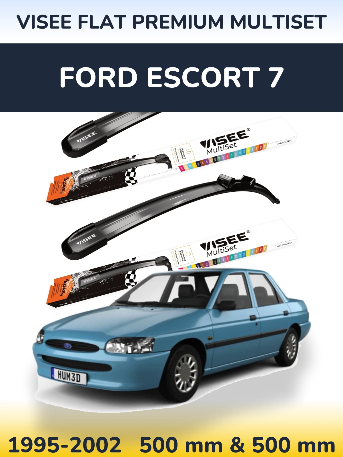 Front wiper blade set VISEE FLAT PREMIUM MultiSet 500 & 500 mm for Ford Escort 7 1995-2002