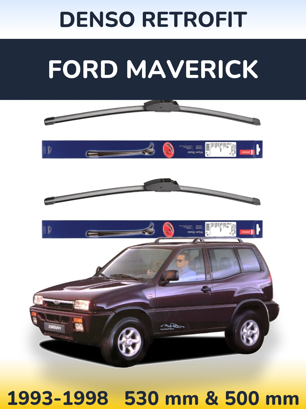 Komplet przednich wycieraczek Denso Retrofit 530 & 500 mm do Ford Maverick 1993-1998