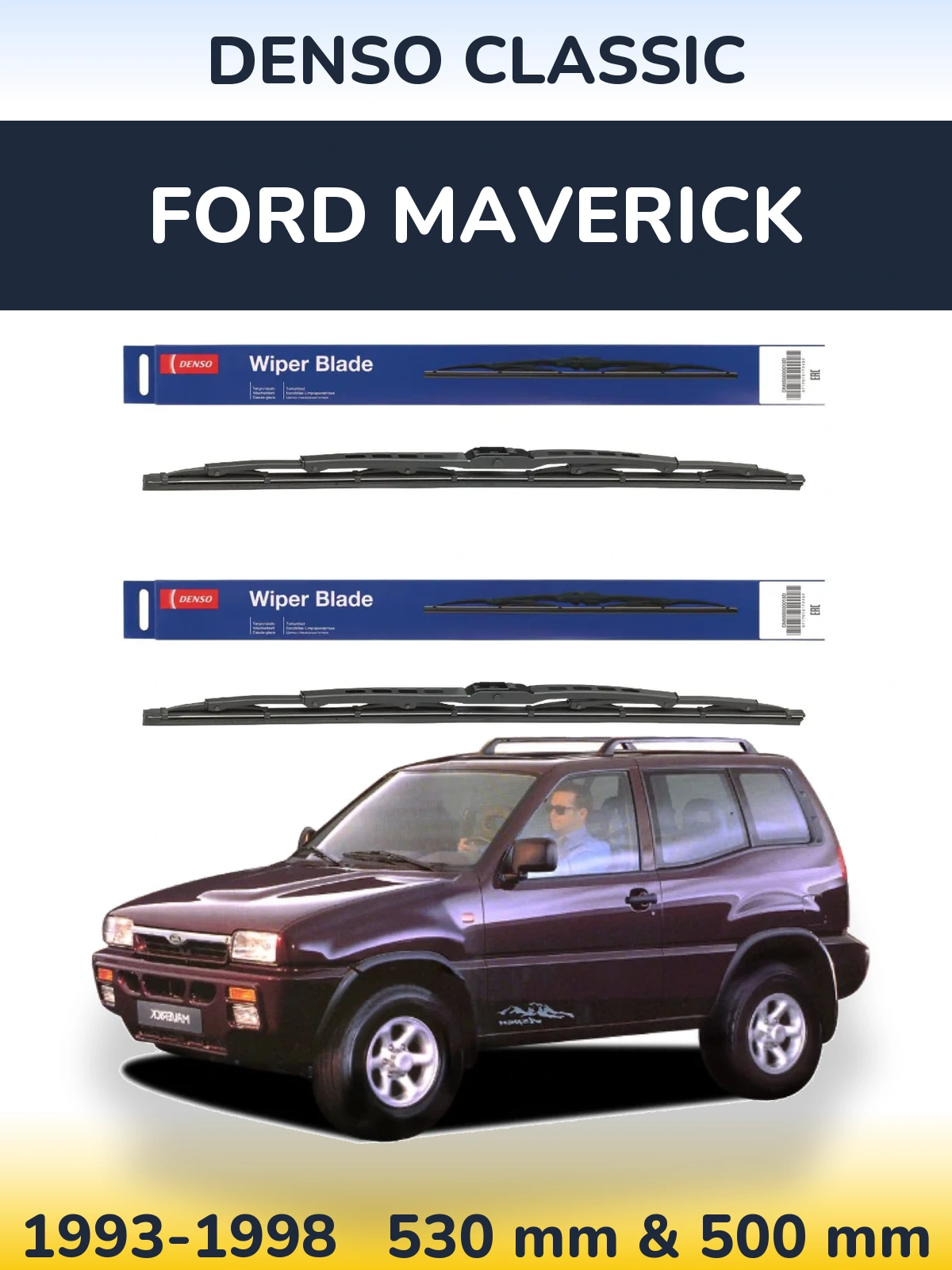 Front wiper blade set Denso Classic 530 & 500 mm for Ford Maverick 1993-1998