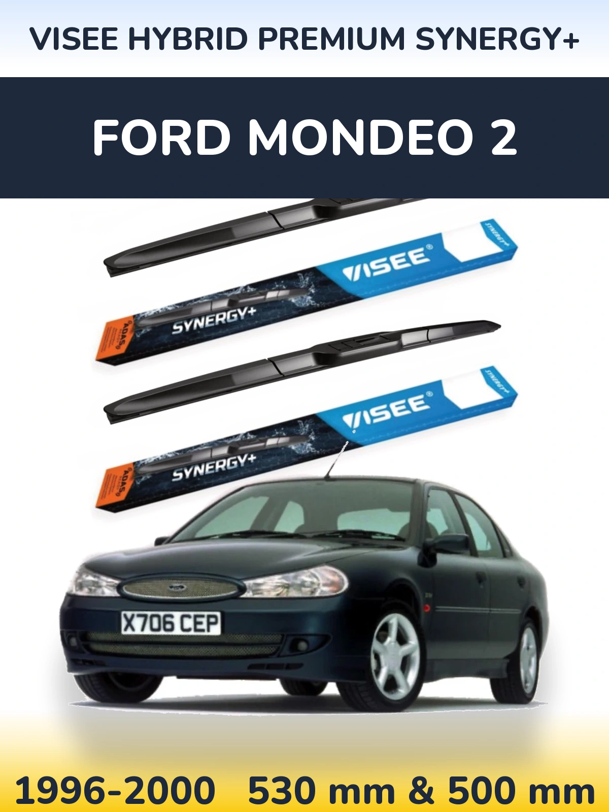 Front wiper blade set VISEE HYBRID PREMIUM SYNERGY+ 530 & 500 mm for Ford Mondeo 2 1996-2000