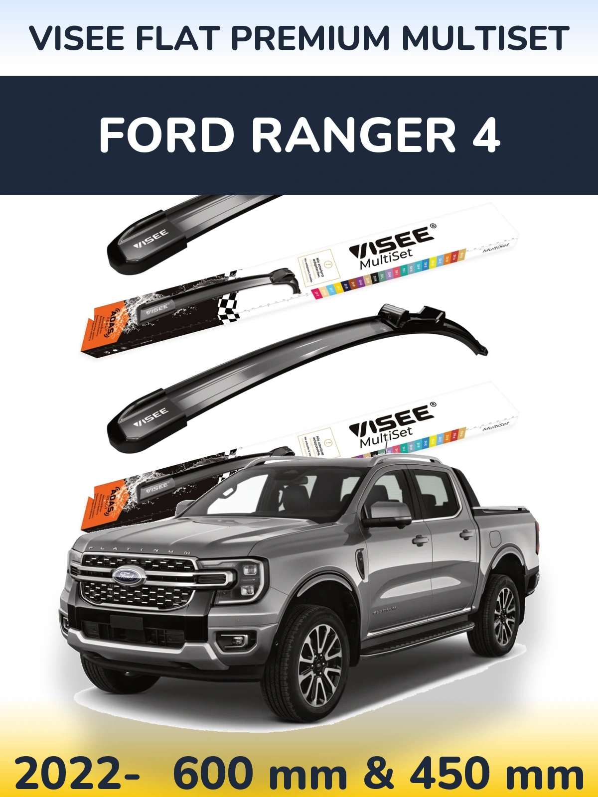 Комплект передних дворников VISEE FLAT PREMIUM MultiSet 600 & 450 мм для Ford Ranger 4 2022-2026