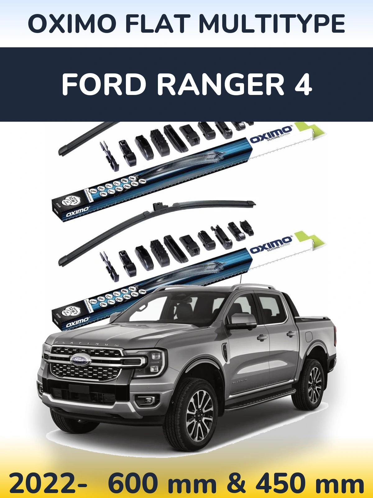 Комплект передних дворников Oximo Flat MultiТипe 600 & 450 мм для Ford Ranger 4 2022-2026