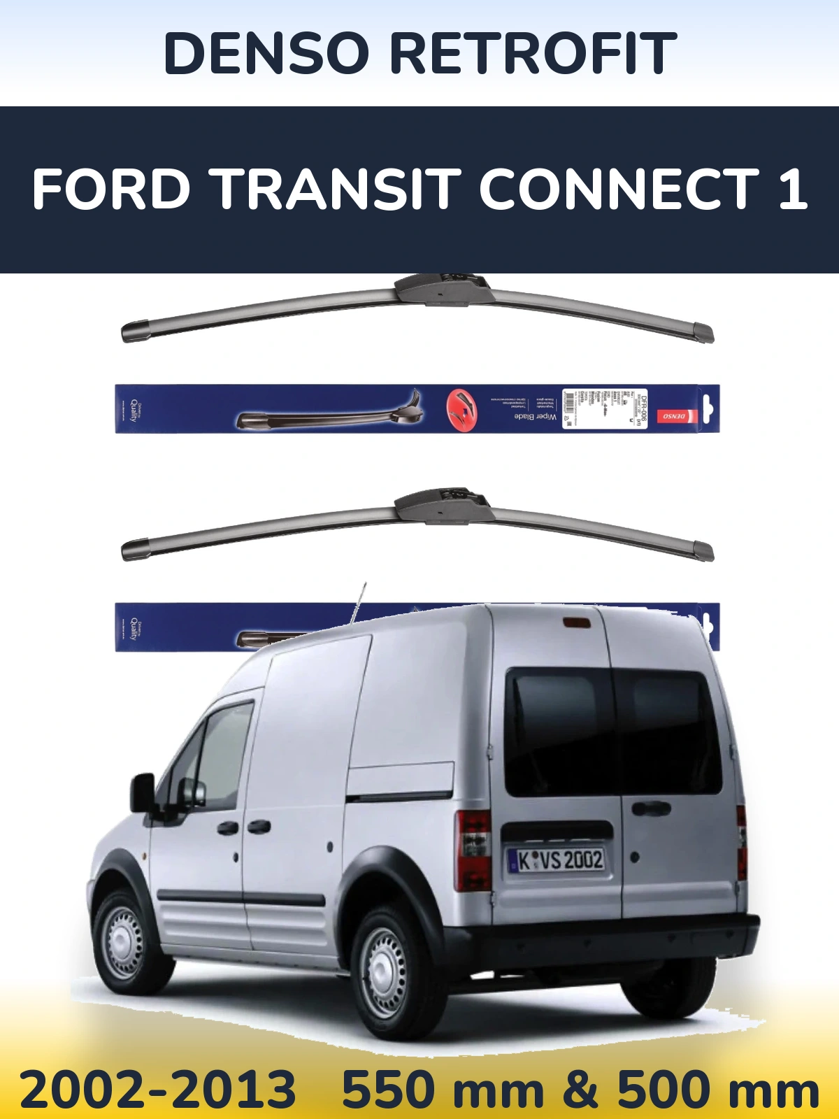 Front wiper blade set Denso Retrofit 550 & 500 mm for Ford Transit Connect 1 2002-2013