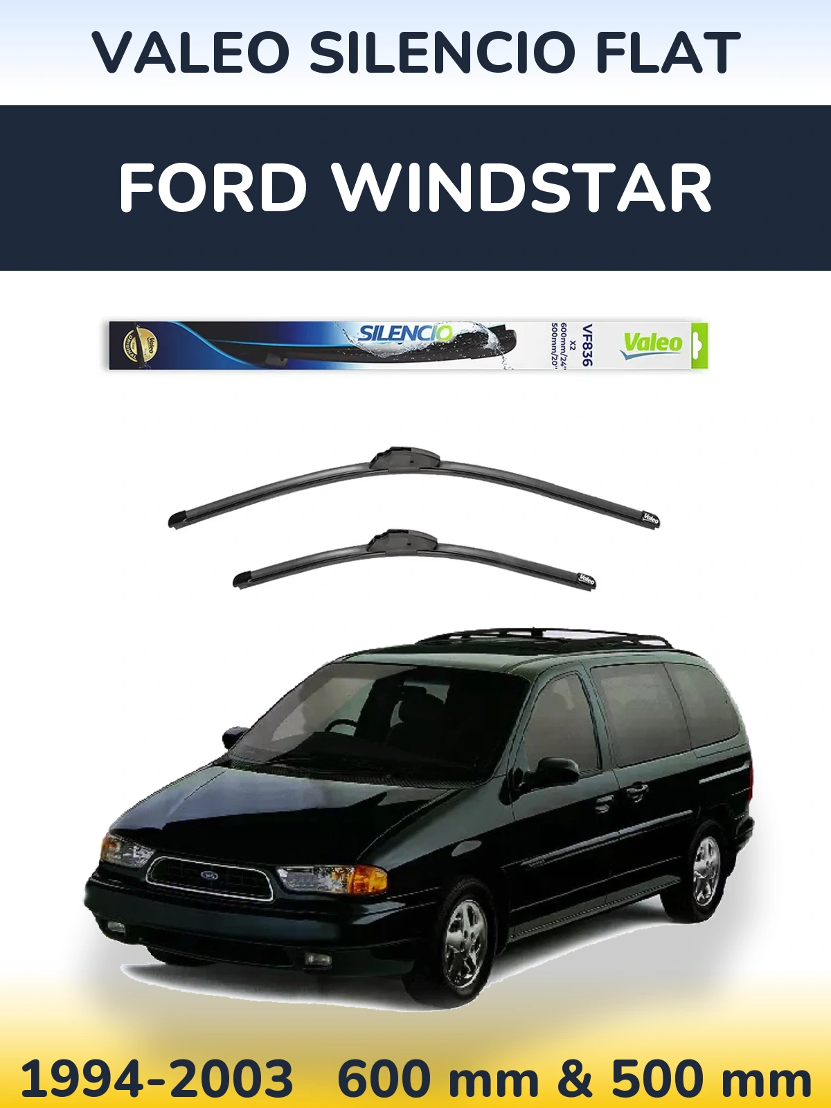 Komplet przednich wycieraczek Valeo Silencio Flat 600 & 500 mm do Ford Windstar 1994-2003