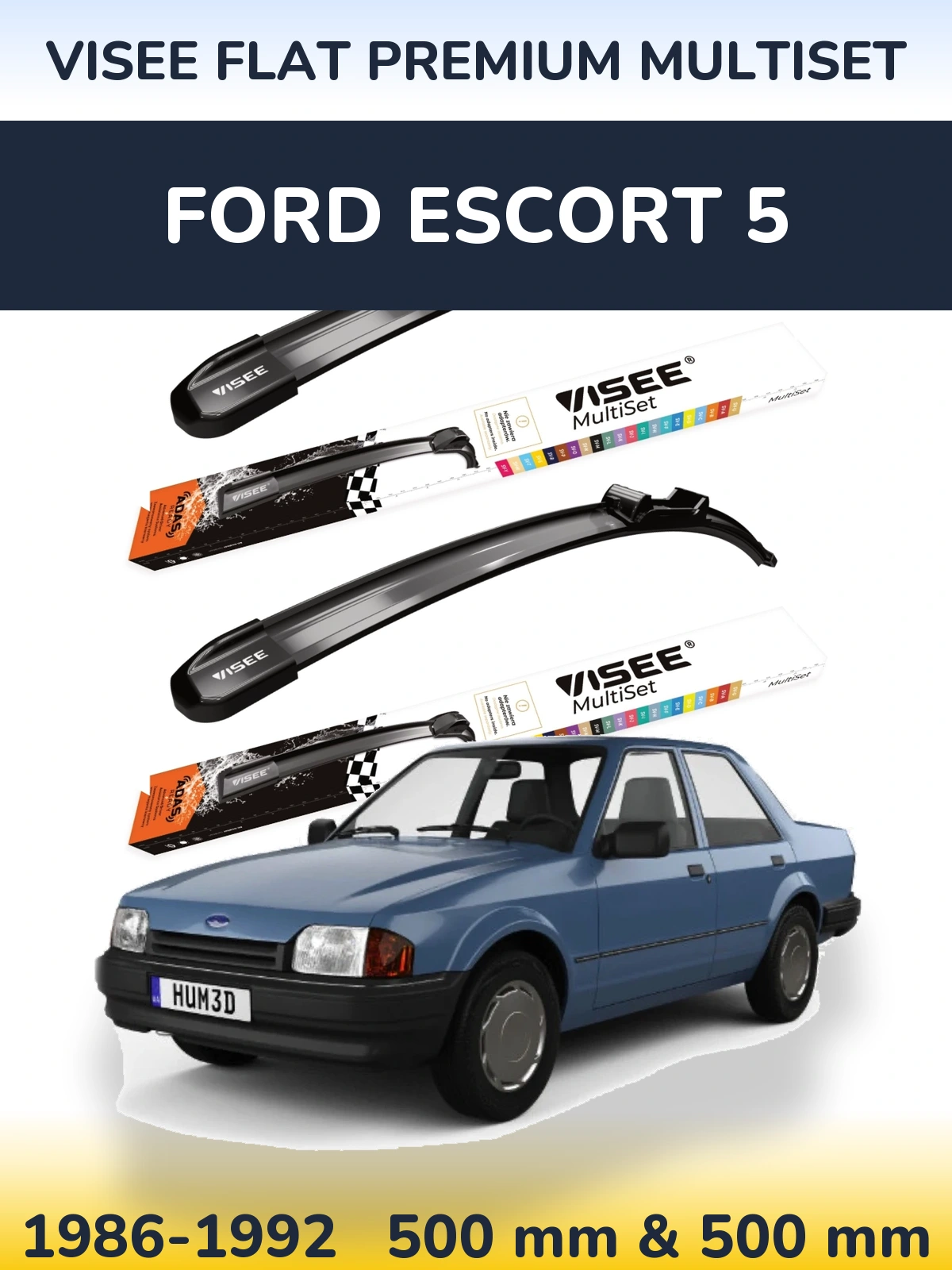 Front wiper blade set VISEE FLAT PREMIUM MultiSet 500 & 500 mm for Ford Escort 5 1986-1992