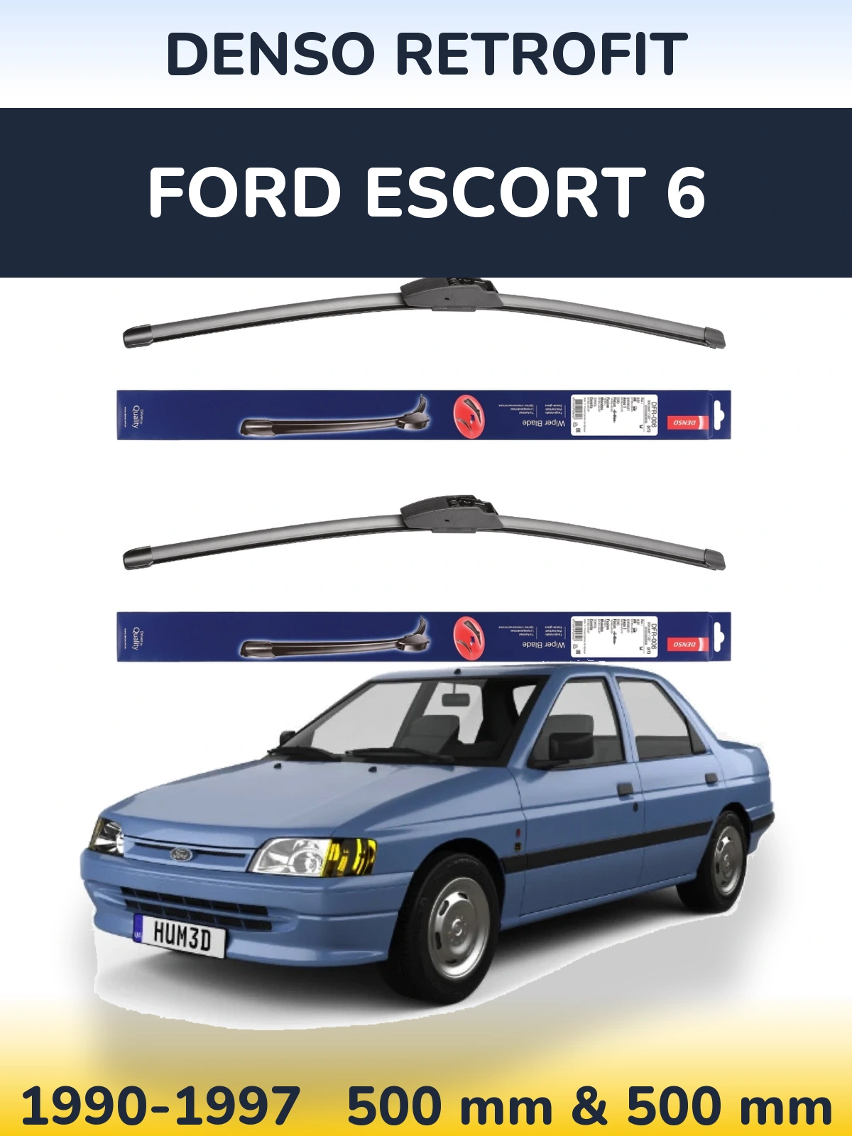 Front wiper blade set Denso Retrofit 500 & 500 mm for Ford Escort 6 1990-1997