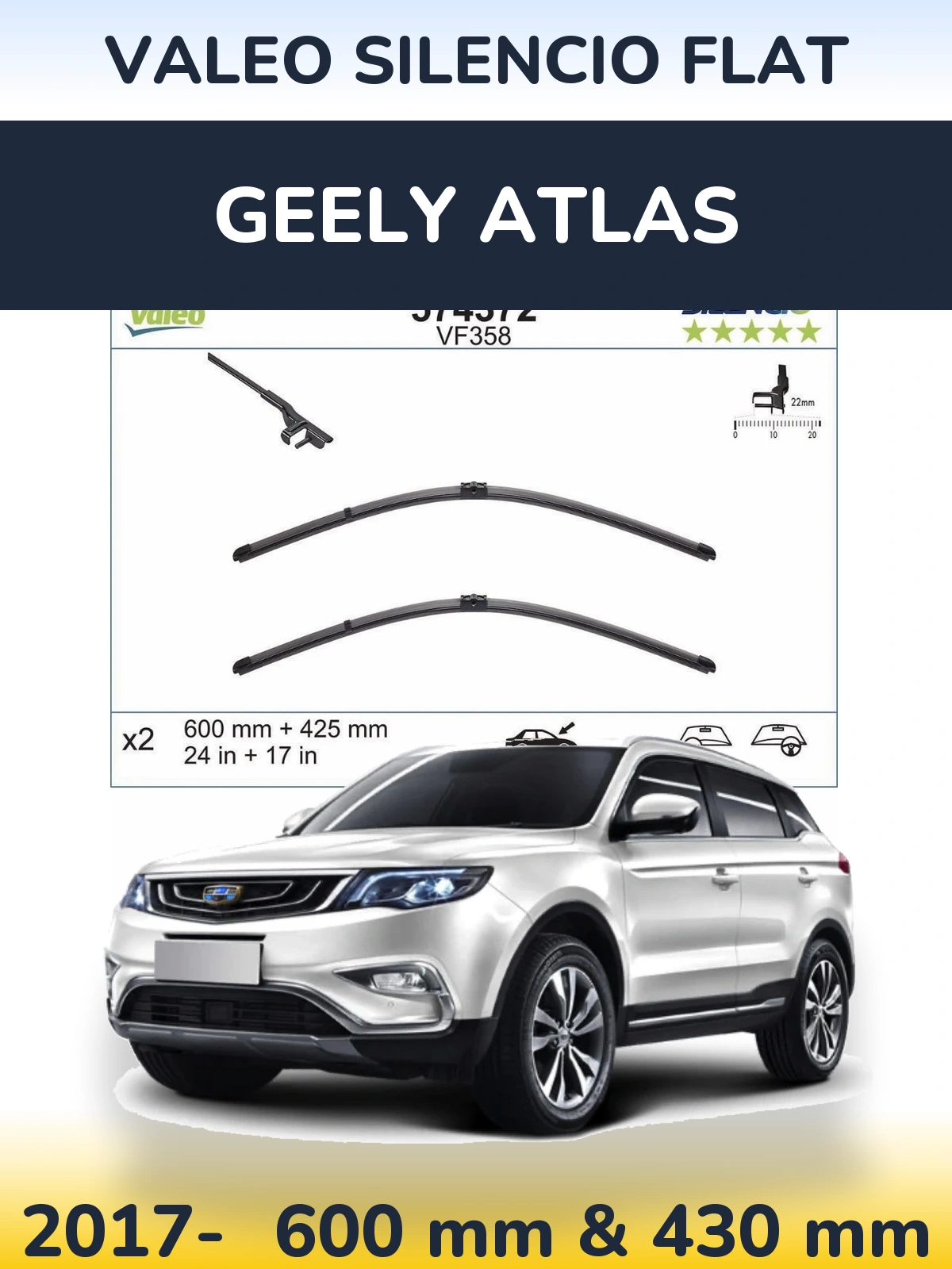 Komplet przednich wycieraczek Valeo Silencio Flat 600 & 430 mm do Geely Atlas 2017-2026