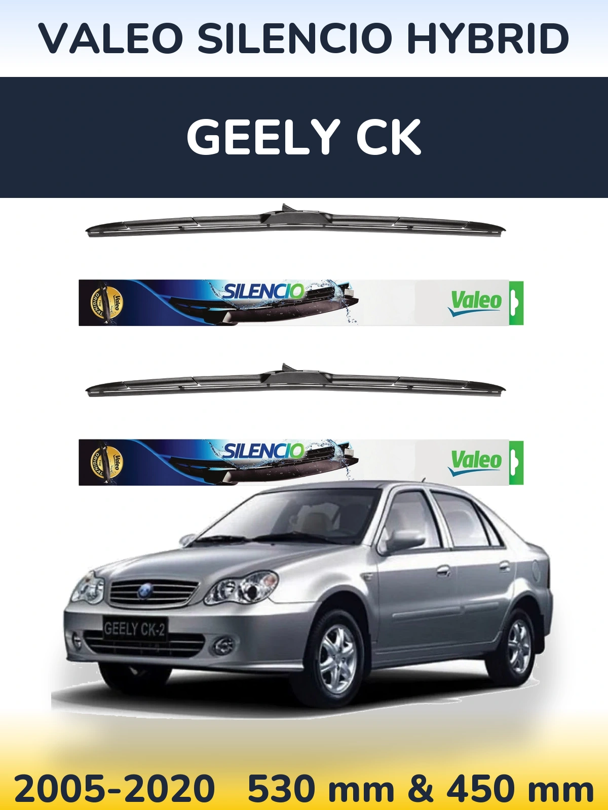 Front wiper blade set Valeo Silencio Hybrid 530 & 450 mm for Geely CK 2005-2020