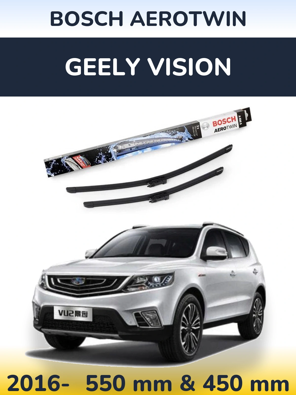 Komplet przednich wycieraczek BOSCH AeroTwin 550 & 450 mm do Geely Vision 2016-2026