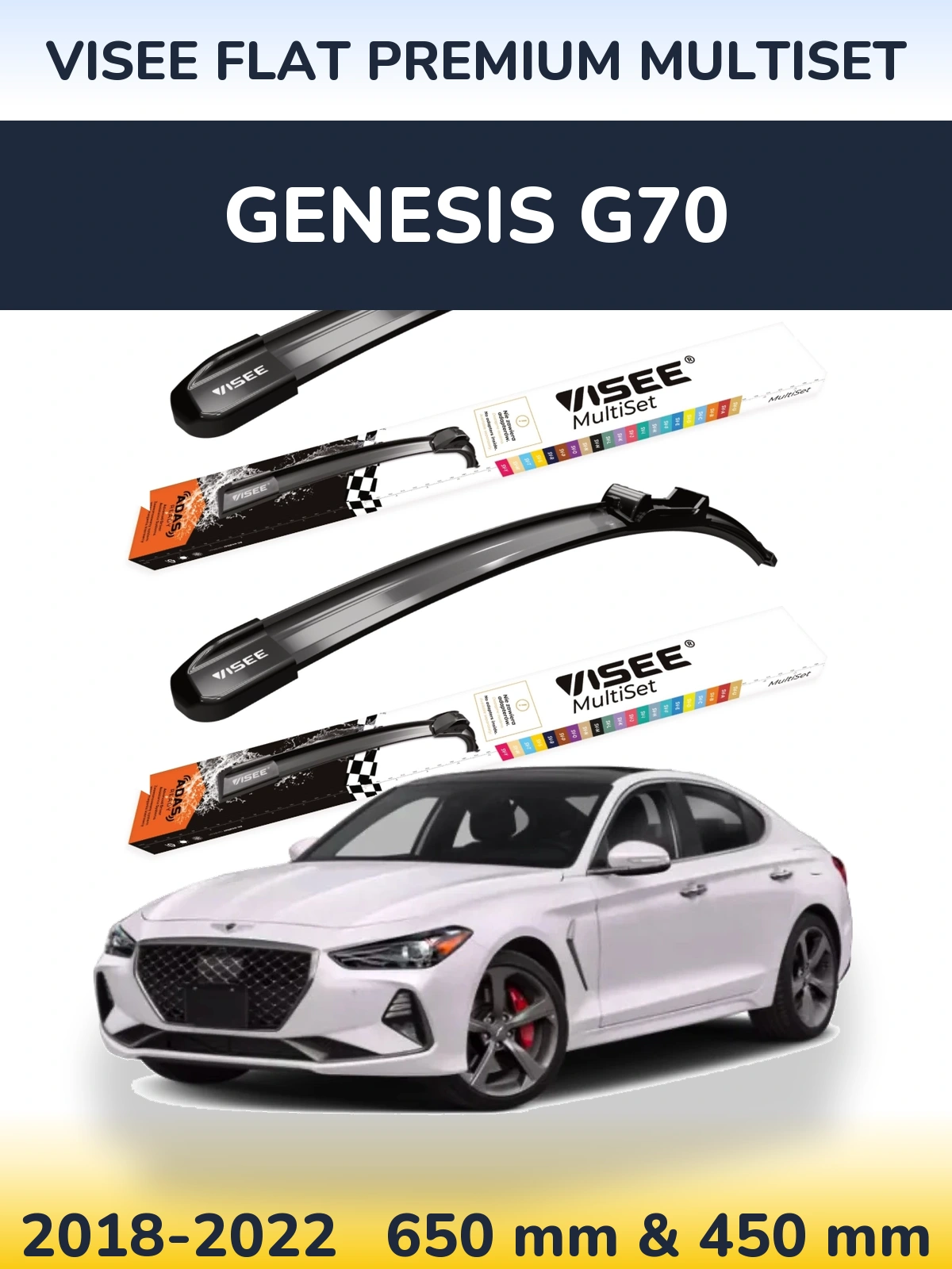 Komplet przednich wycieraczek VISEE FLAT PREMIUM MultiSet 650 & 450 mm do Genesis G70 2018-2022