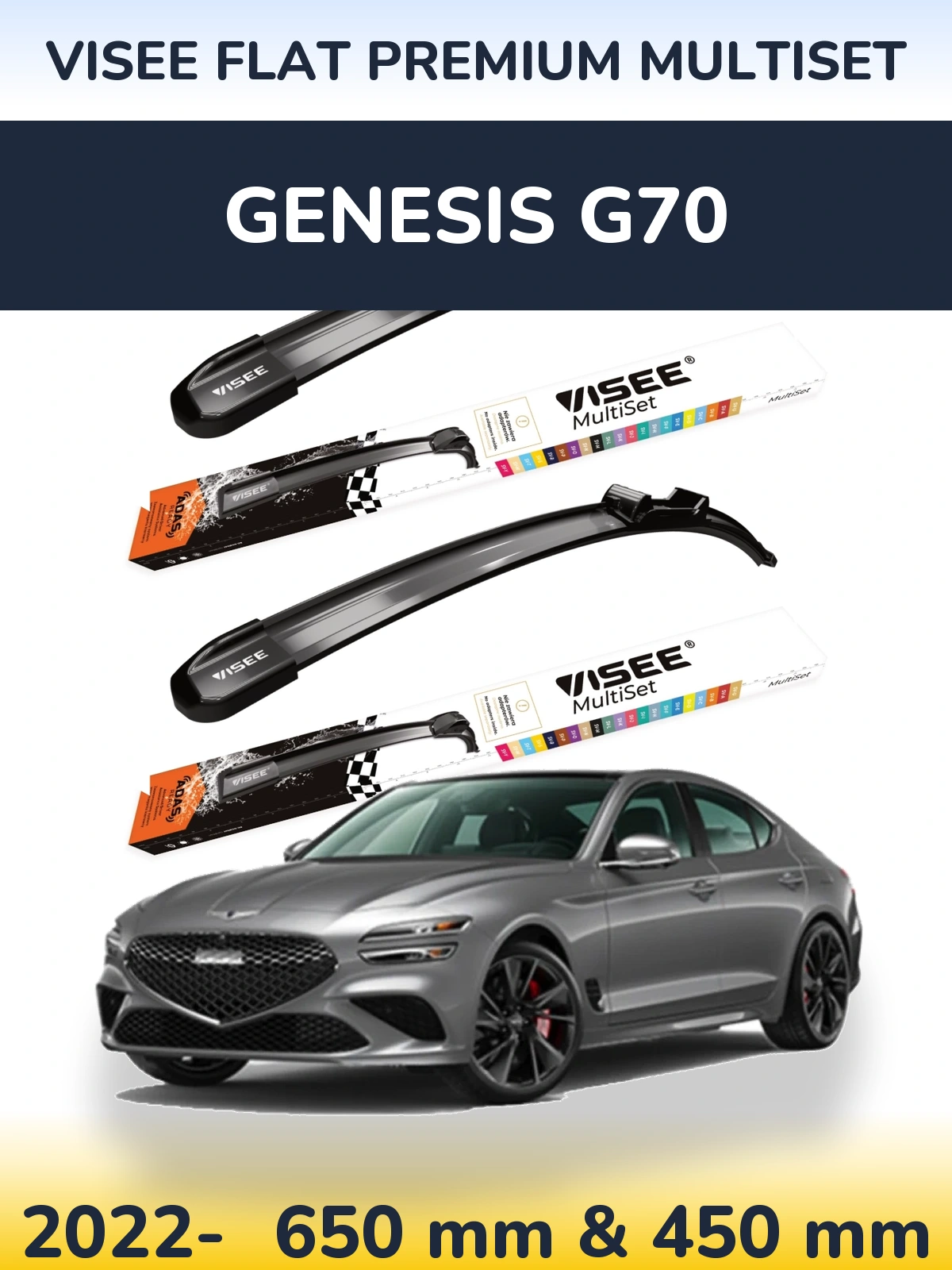 Komplet przednich wycieraczek VISEE FLAT PREMIUM MultiSet 650 & 450 mm do Genesis G70 2022-2026