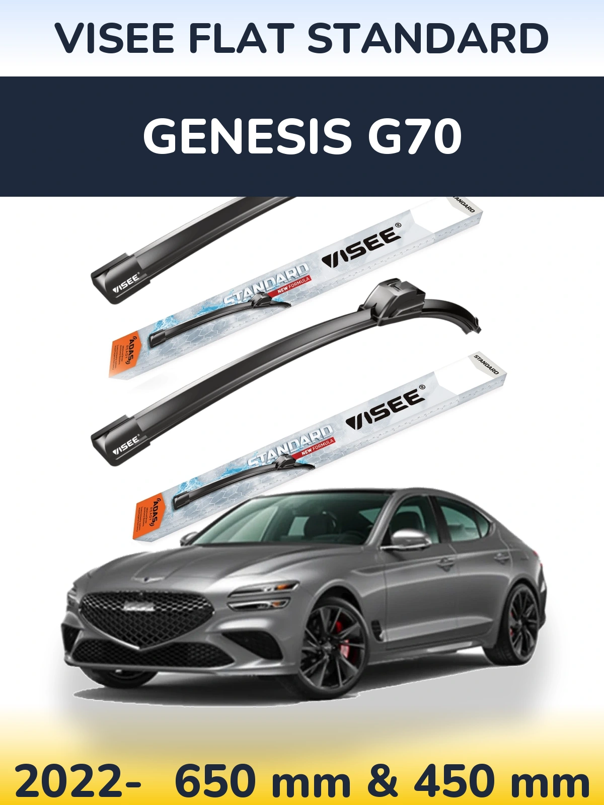 Komplet przednich wycieraczek VISEE FLAT STANDARD 650 & 450 mm do Genesis G70 2022-2026