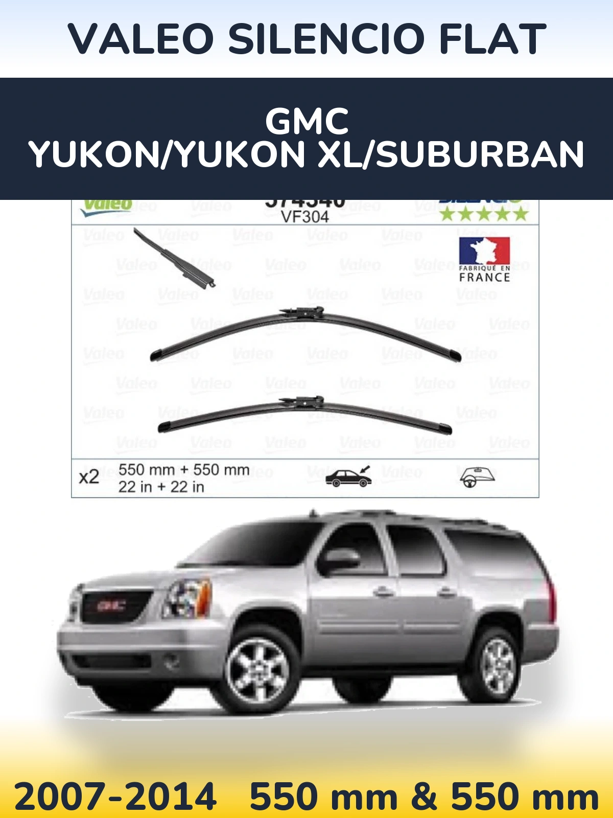 Front wiper blade set Valeo Silencio Flat 550 & 550 mm for GMC Yukon/Yukon XL/Suburban 2007-2014