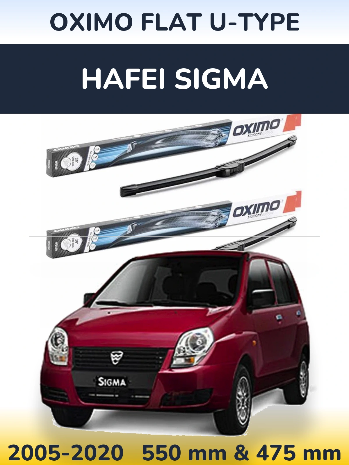 Front wiper blade set Oximo Flat U-type 550 & 475 mm for Hafei Sigma 2005-2020