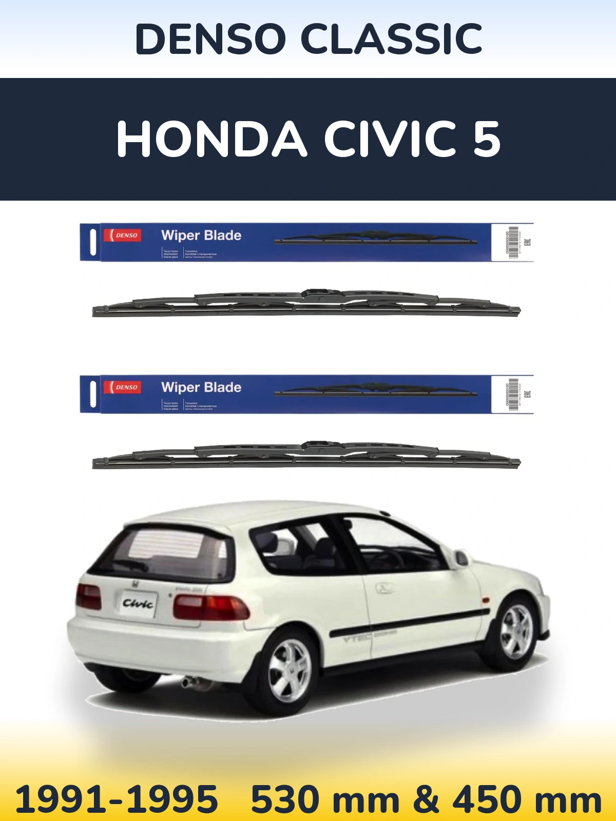 Front wiper blade set Denso Classic 530 & 450 mm for Honda Civic 5 1991-1995