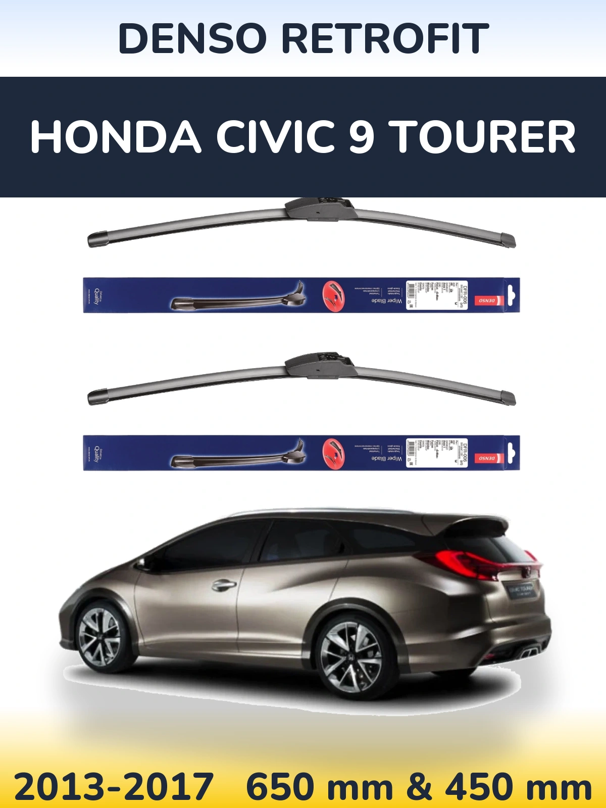 Комплект передних дворников Denso Retrofit 650 & 450 мм для Honda Civic 9 Tourer 2013-2017