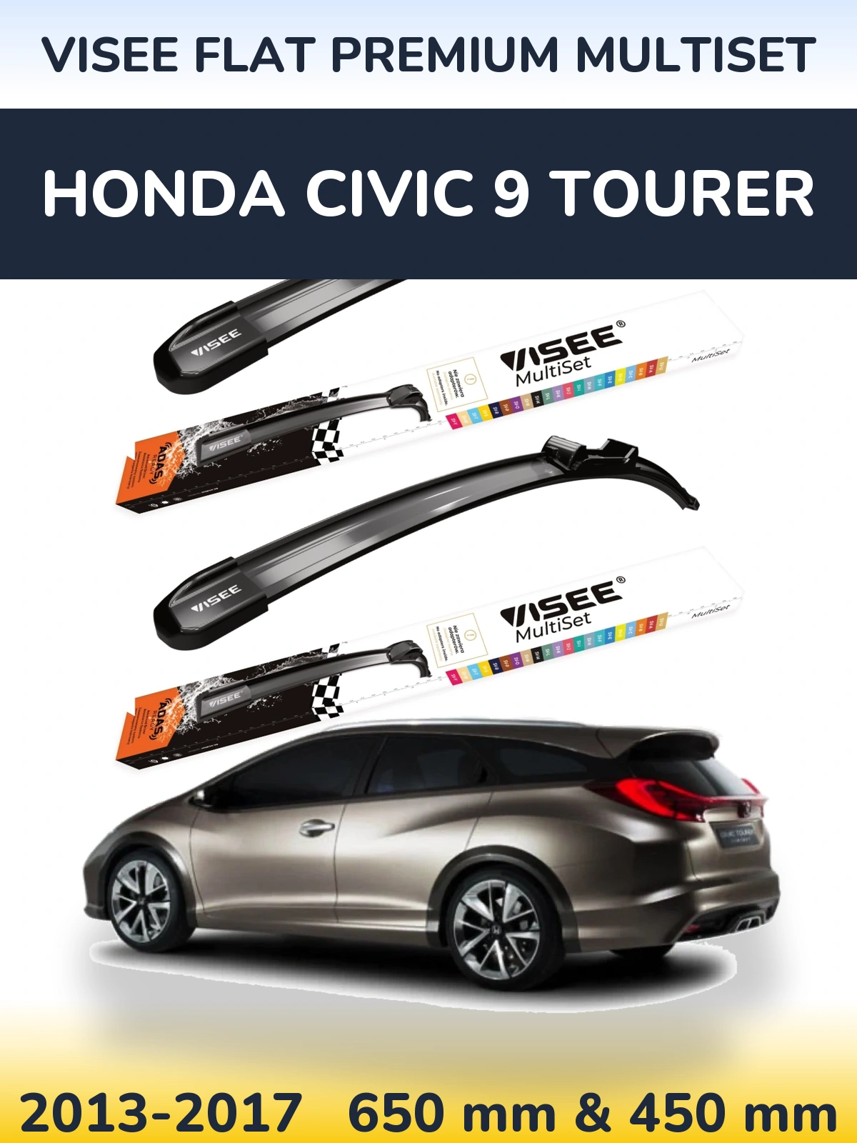 Komplet przednich wycieraczek VISEE FLAT PREMIUM MultiSet 650 & 450 mm do Honda Civic 9 Tourer 2013-2017