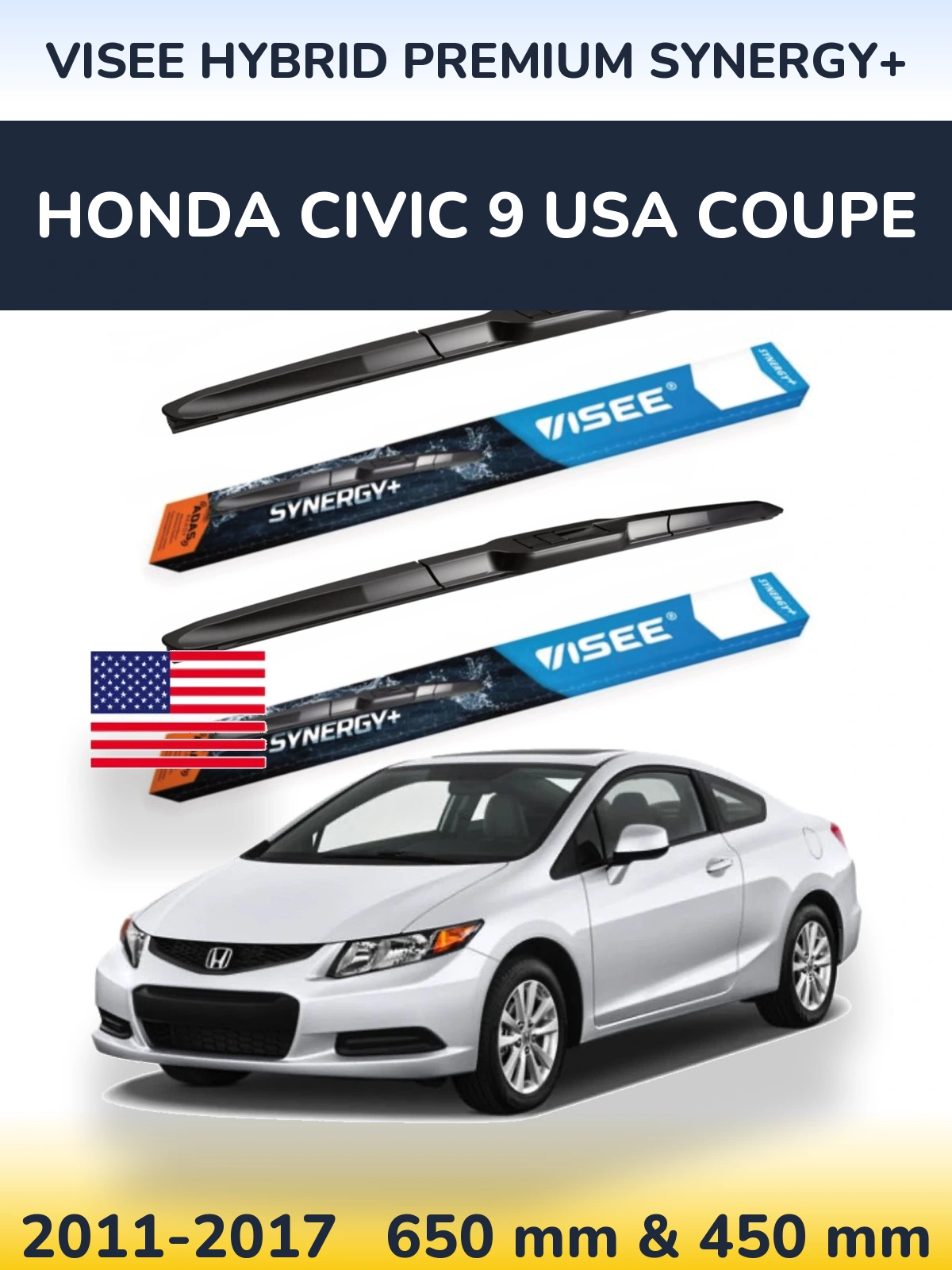 Комплект передних дворников VISEE HYBRID PREMIUM SYNERGY+ 650 & 450 мм для Honda Civic 9 USA coupe 2011-2017