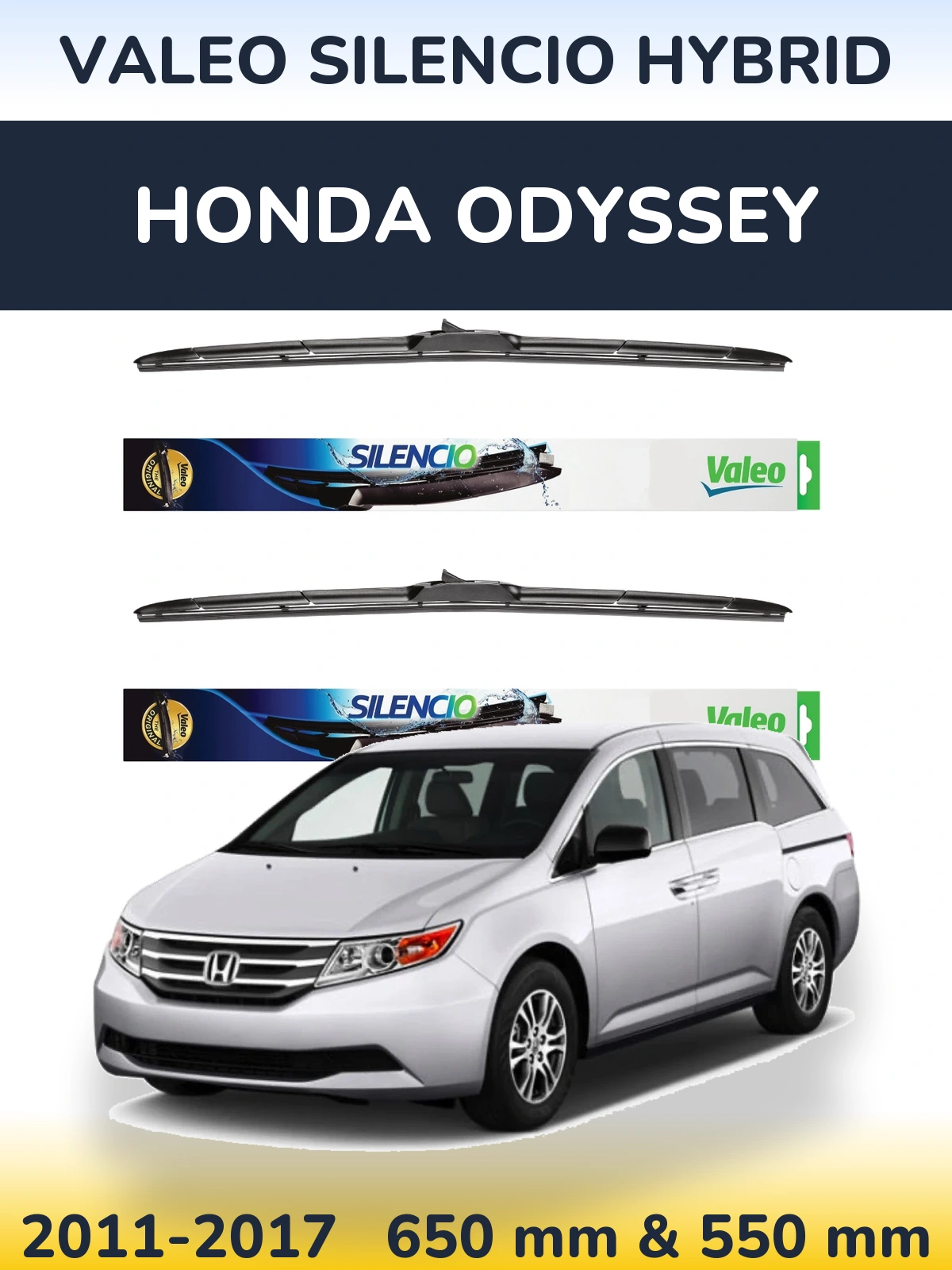 Front wiper blade set Valeo Silencio Hybrid 650 & 550 mm for Honda Odyssey 2011-2017