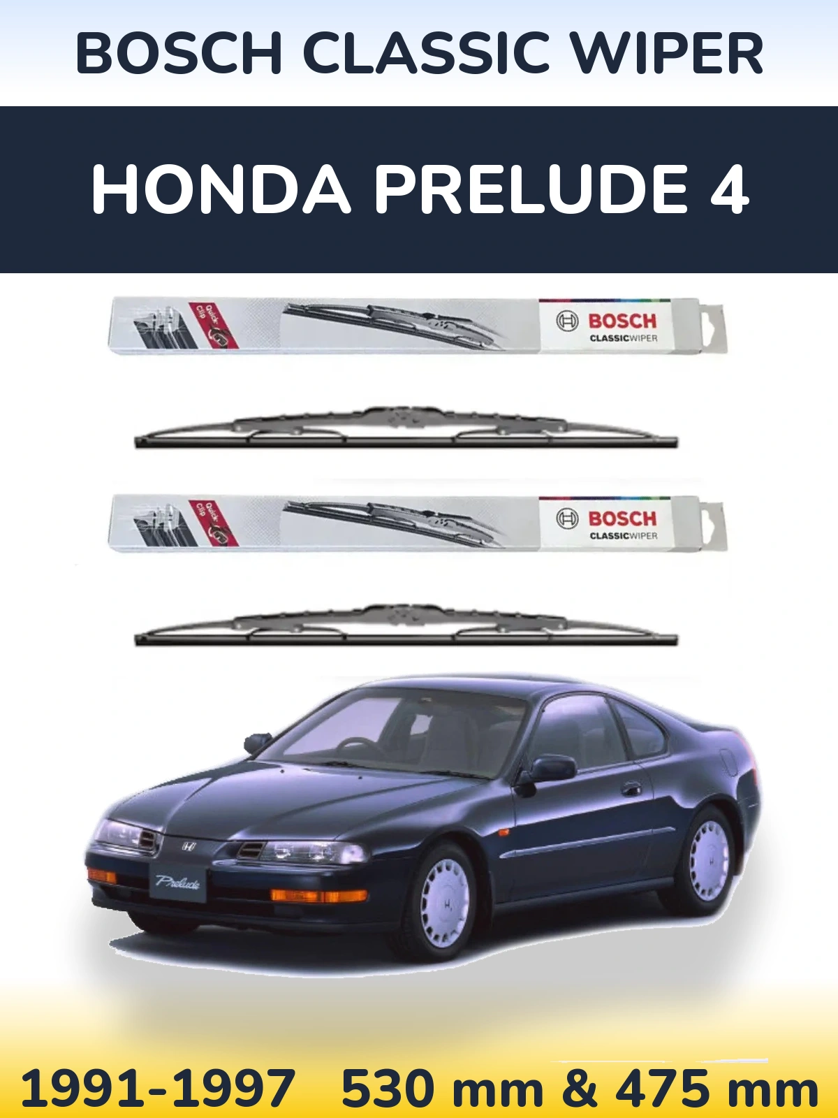 Front wiper blade set BOSCH Classic Wiper 530 & 475 mm for Honda Prelude 4 1991-1997
