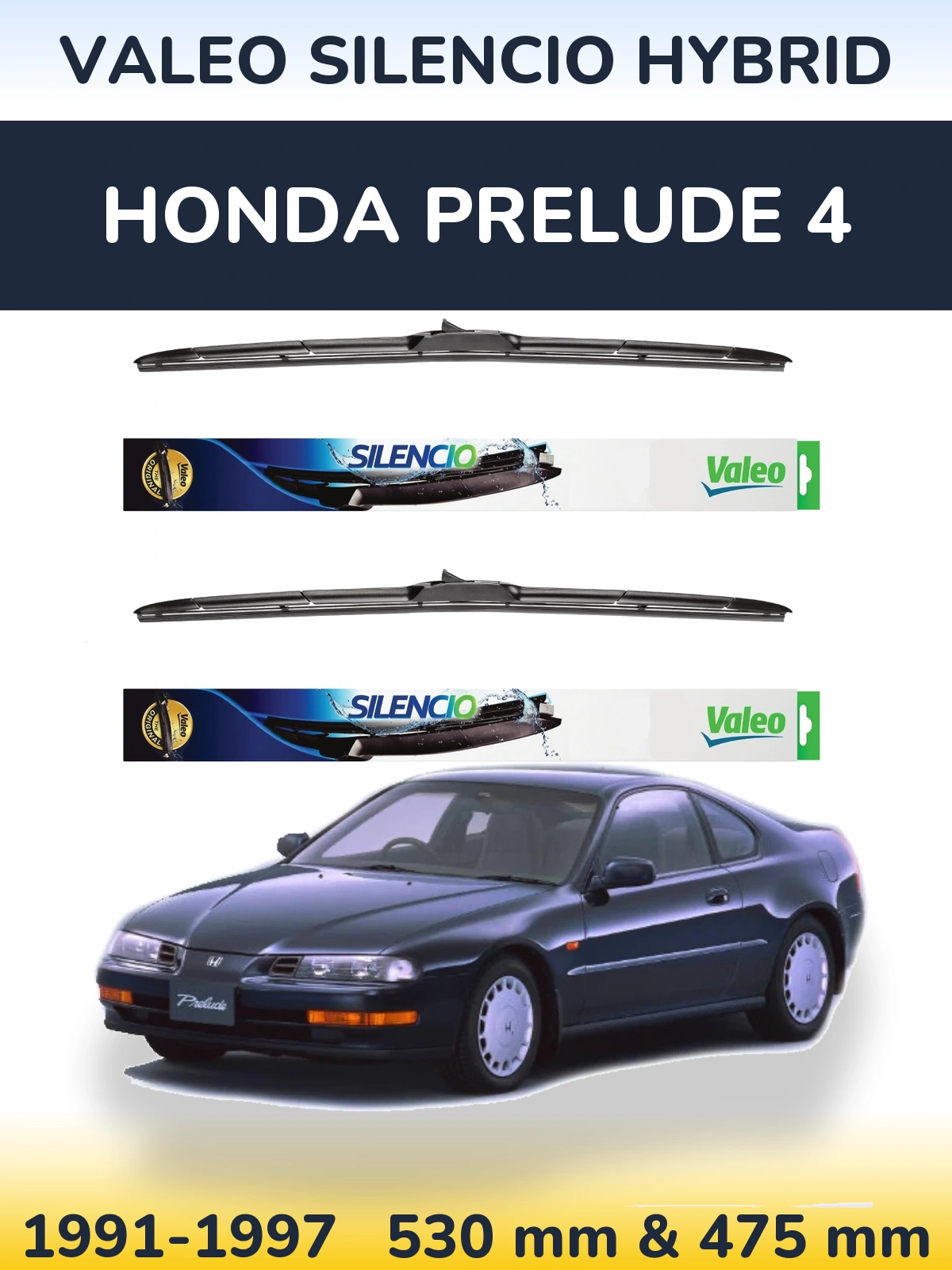 Front wiper blade set Valeo Silencio Hybrid 530 & 475 mm for Honda Prelude 4 1991-1997