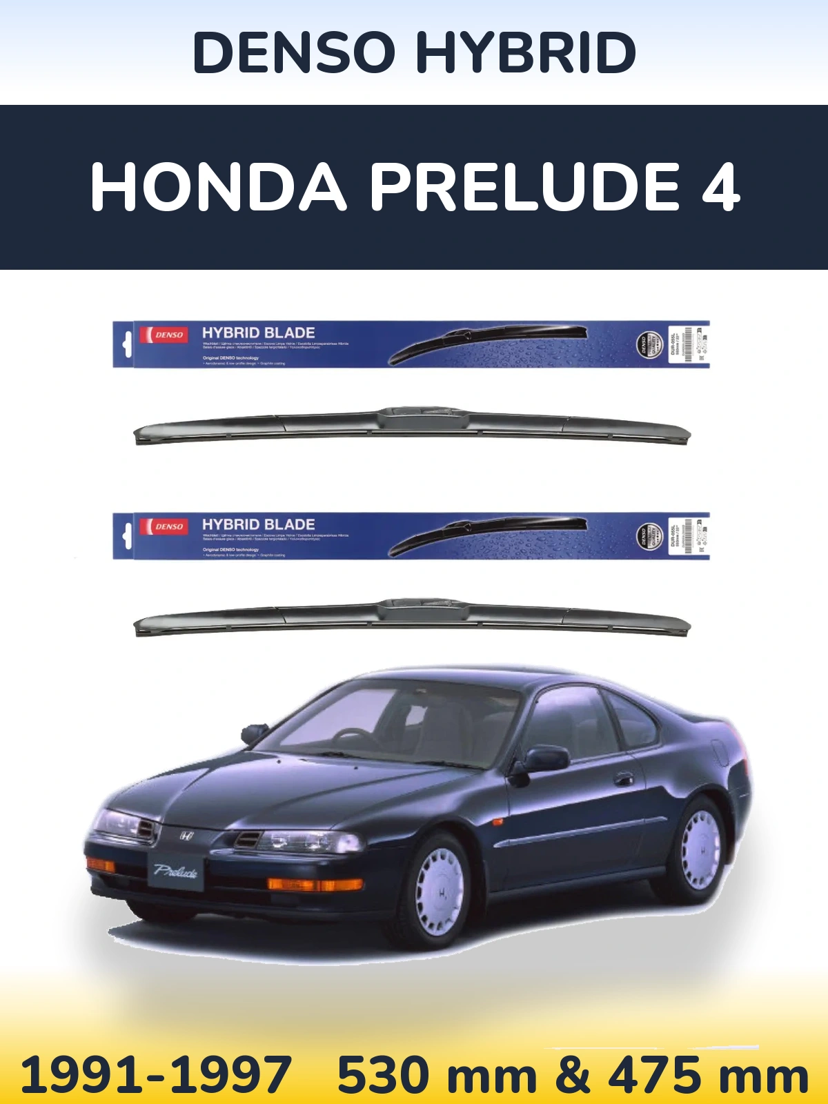 Front wiper blade set Denso Hybrid 530 & 475 mm for Honda Prelude 4 1991-1997
