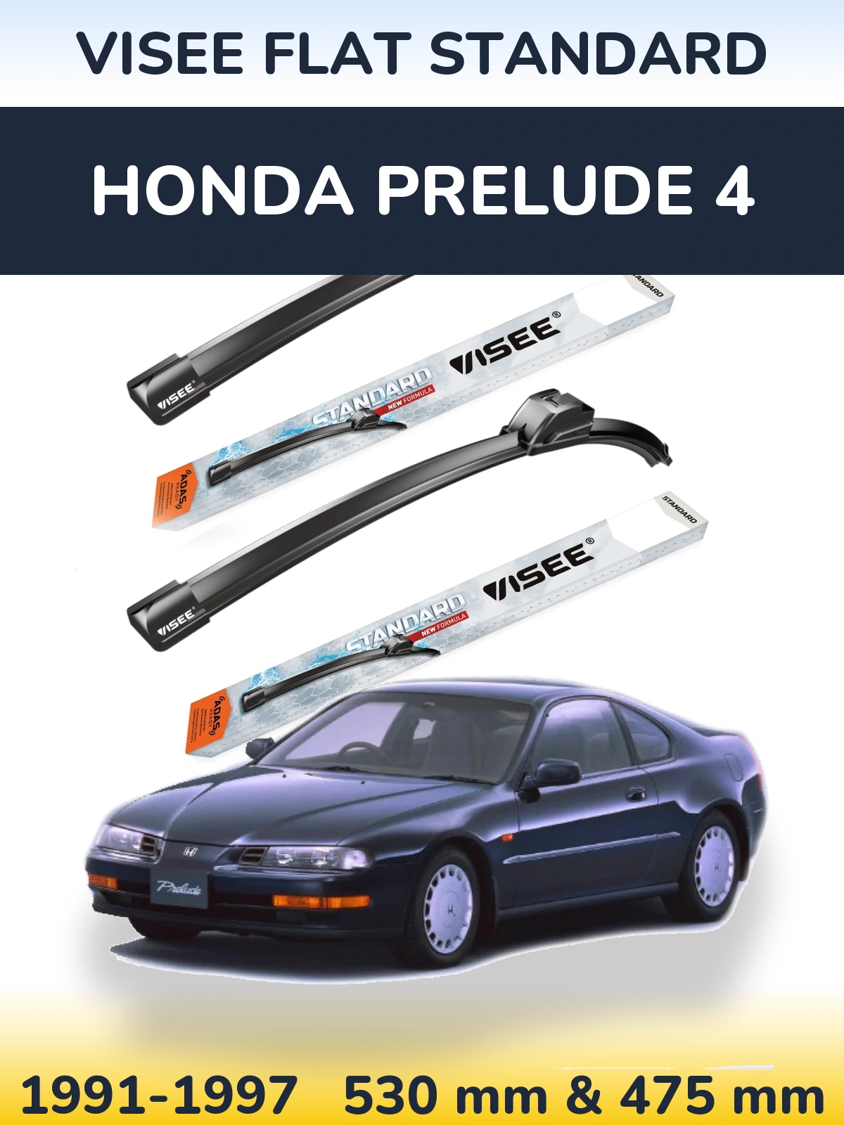 Front wiper blade set VISEE FLAT STANDARD 530 & 475 mm for Honda Prelude 4 1991-1997