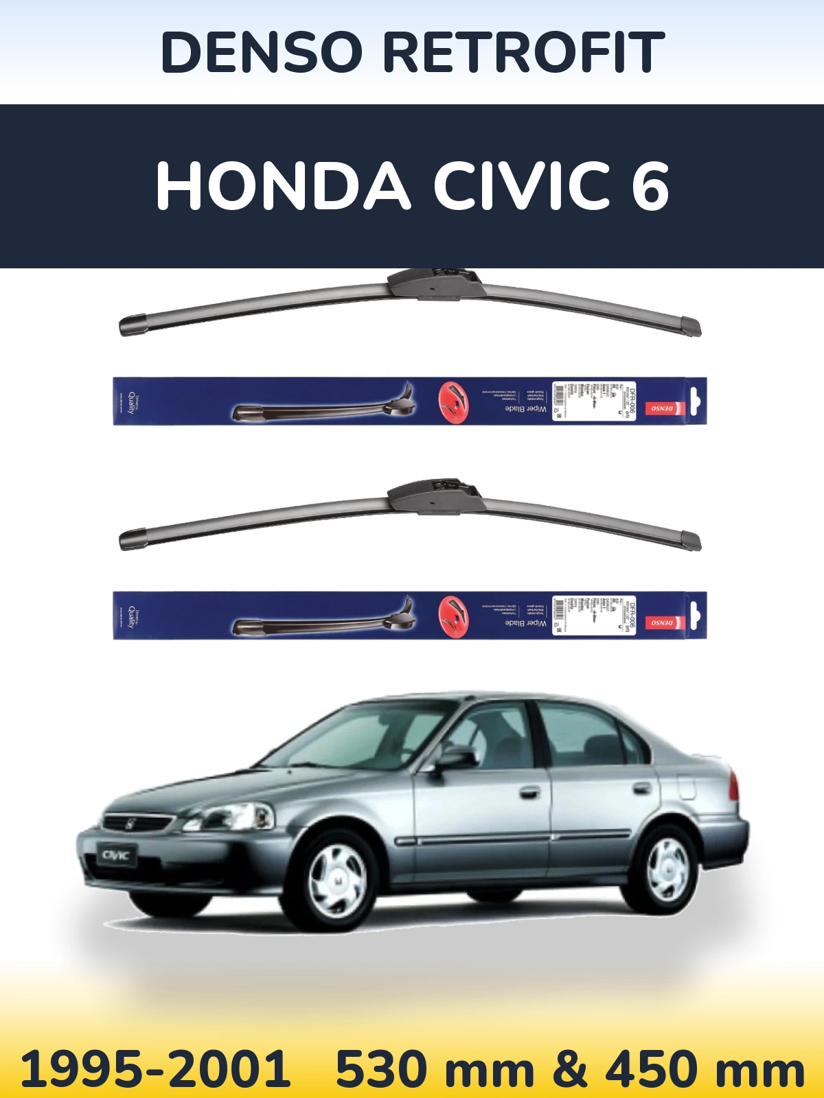 Front wiper blade set Denso Retrofit 530 & 450 mm for Honda Civic 6 1995-2001